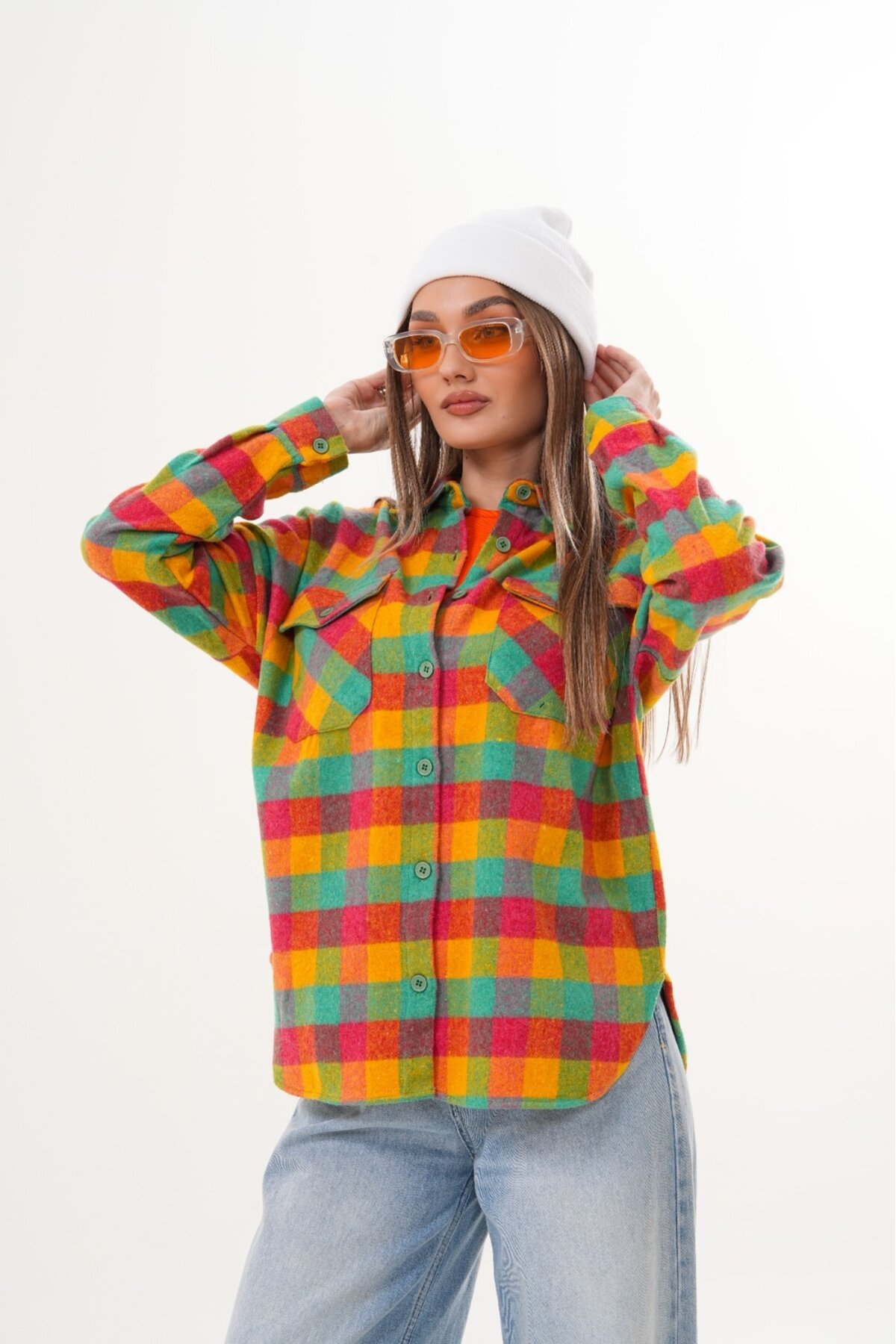 Kadın Desen Bloklu Oduncu Oversize Bol ve Geniş Kalıp Casual Cepli Yakalı Ceket Gömlek