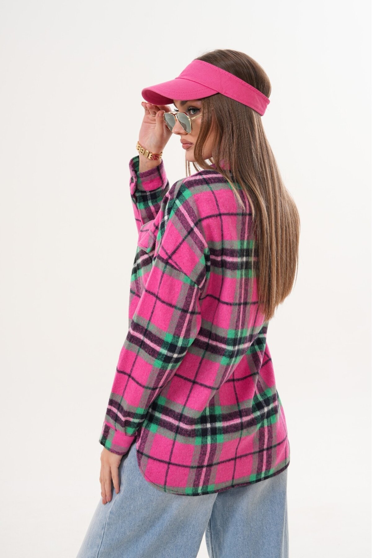 Kadın Desen Bloklu Oduncu Oversize Bol ve Geniş Kalıp Casual Cepli Yakalı Ceket Gömlek