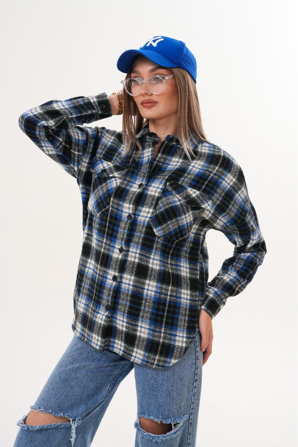 Kadın Desen Bloklu Oduncu Oversize Bol ve Geniş Kalıp Casual Cepli Yakalı Ceket Gömlek