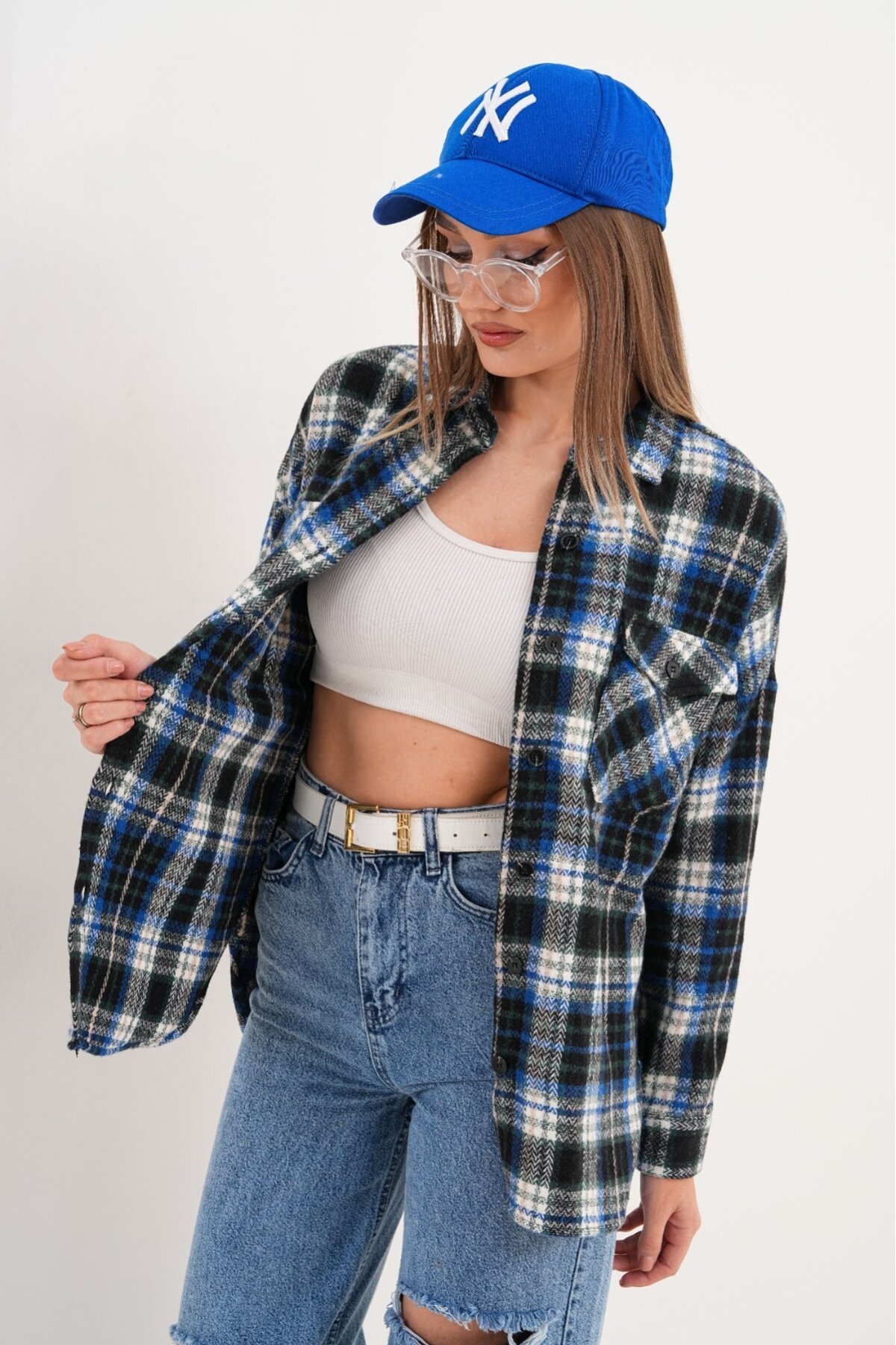 Kadın Desen Bloklu Oduncu Oversize Bol ve Geniş Kalıp Casual Cepli Yakalı Ceket Gömlek