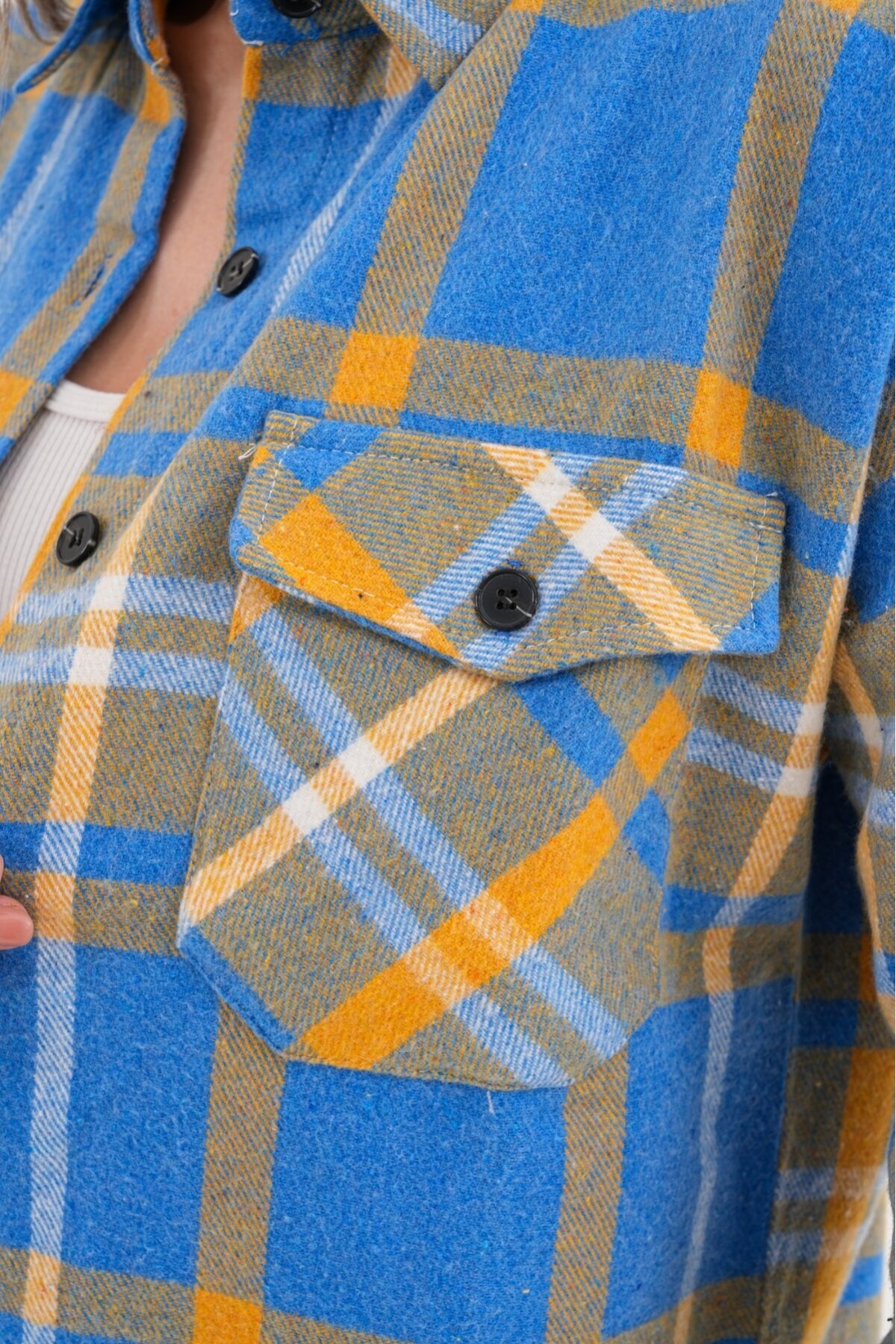 Kadın Desen Bloklu Oduncu Oversize Bol ve Geniş Kalıp Casual Cepli Yakalı Ceket Gömlek