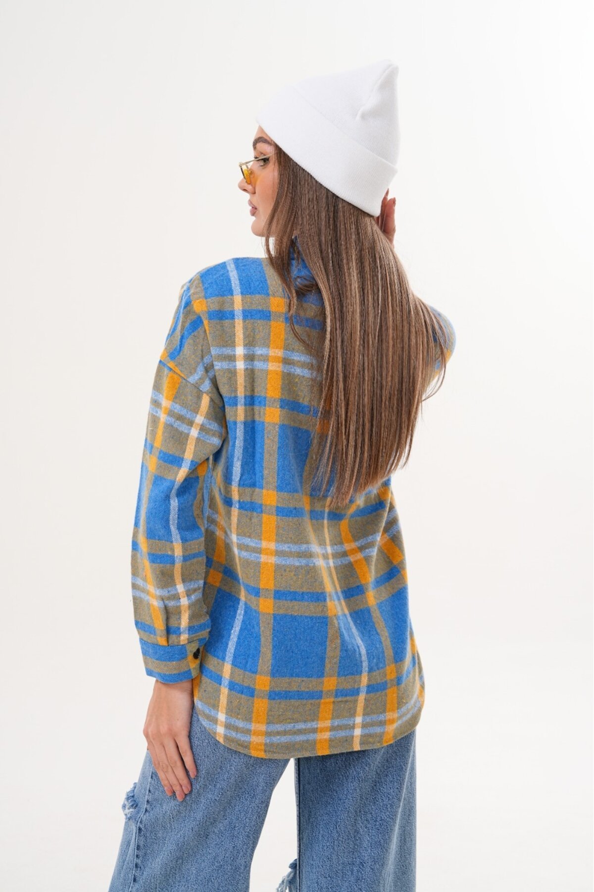 Kadın Desen Bloklu Oduncu Oversize Bol ve Geniş Kalıp Casual Cepli Yakalı Ceket Gömlek