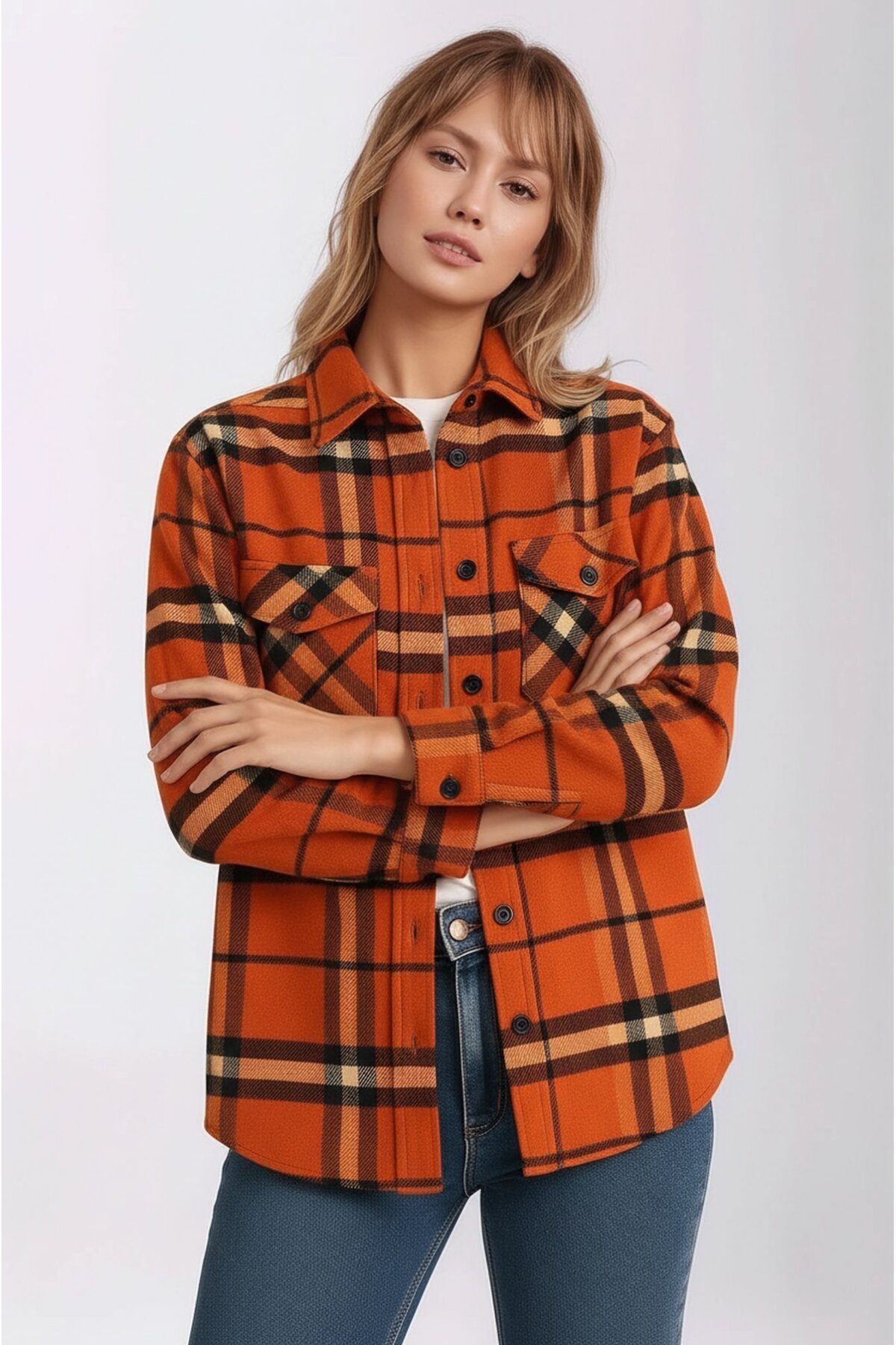 Kadın Desen Bloklu Oduncu Oversize Bol ve Geniş Kalıp Casual Cepli Yakalı Ceket Gömlek