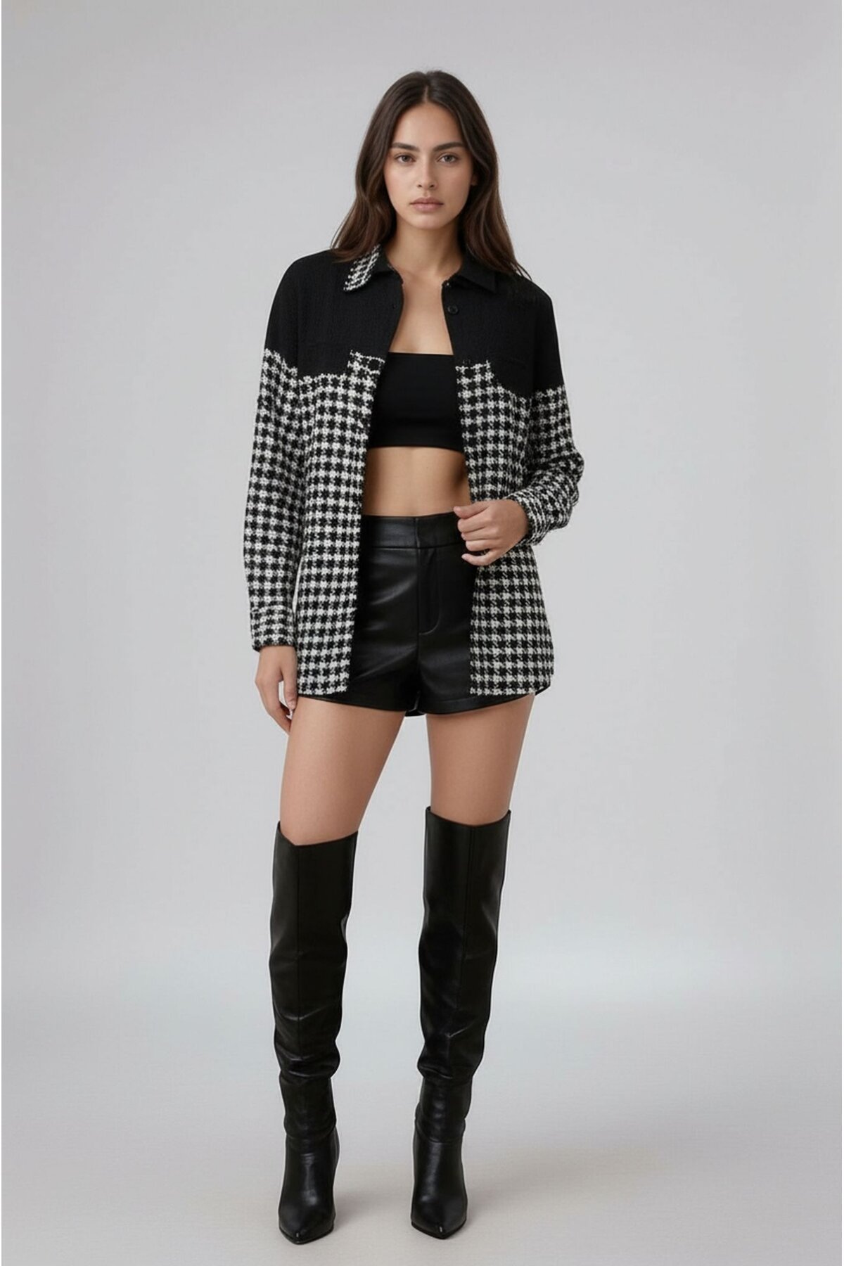 Kadın Desen Bloklu Oduncu Oversize Bol ve Geniş Kalıp Casual Cepli Yakalı Ceket Gömlek