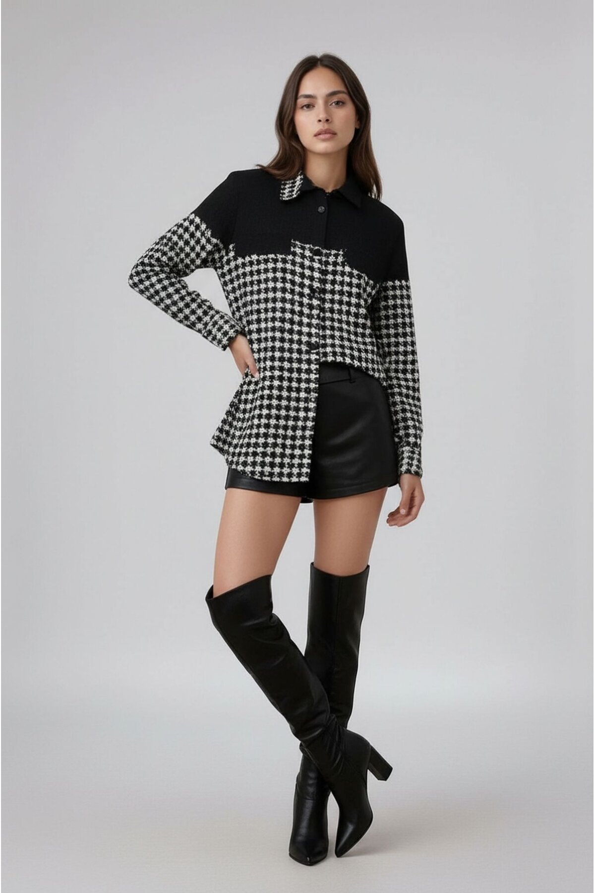 Kadın Desen Bloklu Oduncu Oversize Bol ve Geniş Kalıp Casual Cepli Yakalı Ceket Gömlek