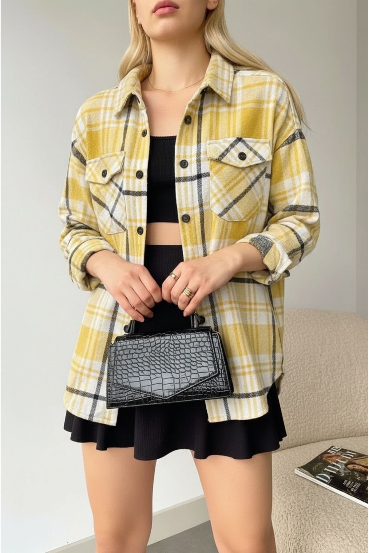 Kadın Desen Bloklu Oduncu Oversize Bol ve Geniş Kalıp Casual Cepli Yakalı Ceket Gömlek