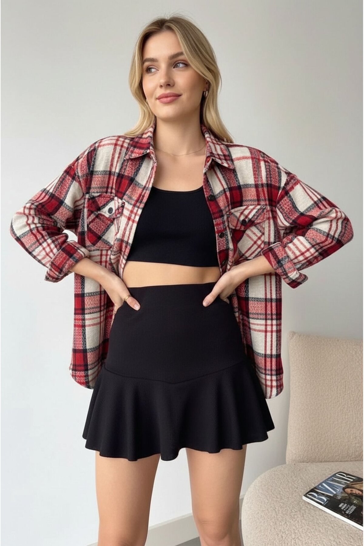 Kadın Desen Bloklu Oduncu Oversize Bol ve Geniş Kalıp Casual Cepli Yakalı Ceket Gömlek