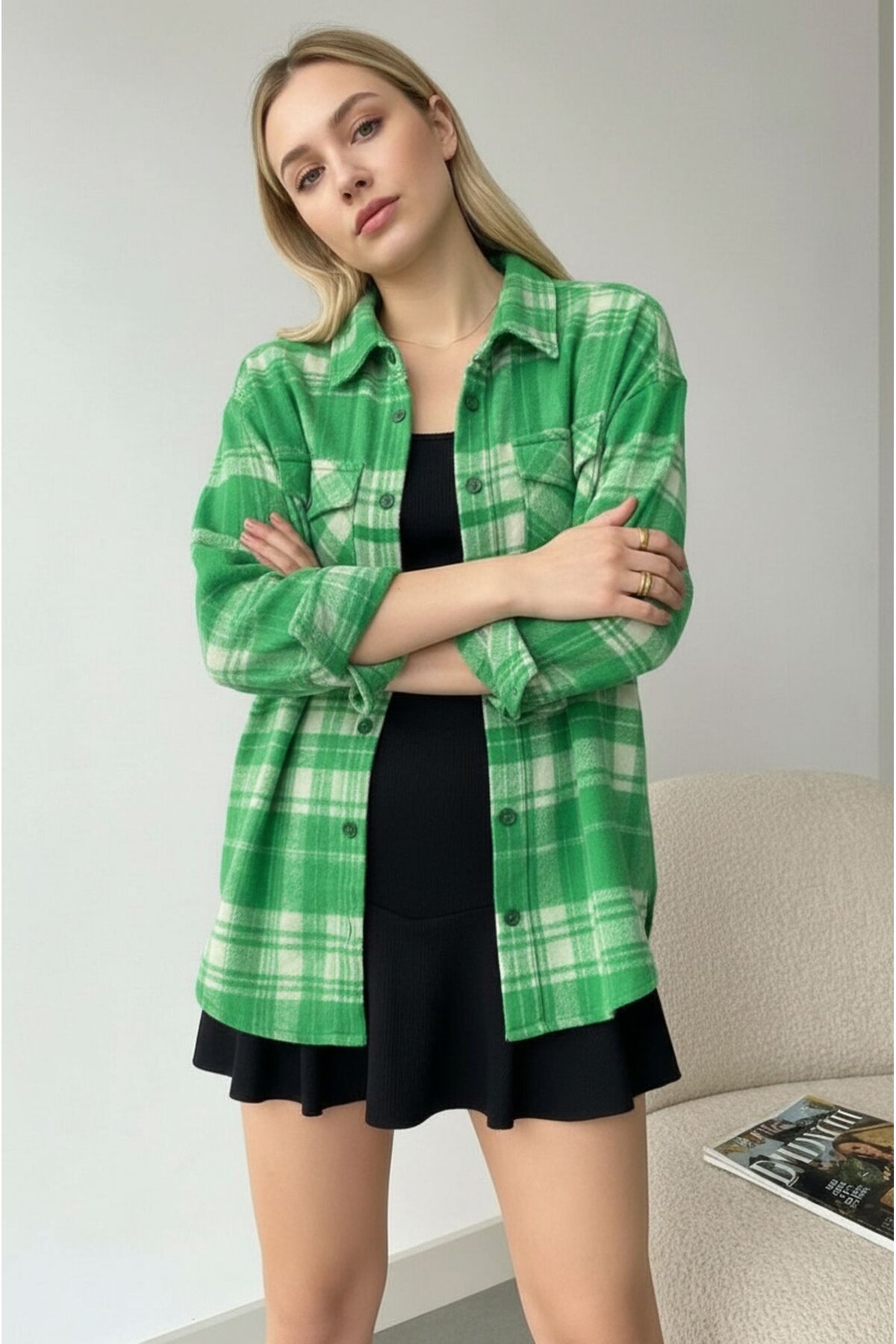 Kadın Desen Bloklu Oduncu Oversize Bol ve Geniş Kalıp Casual Cepli Yakalı Ceket Gömlek