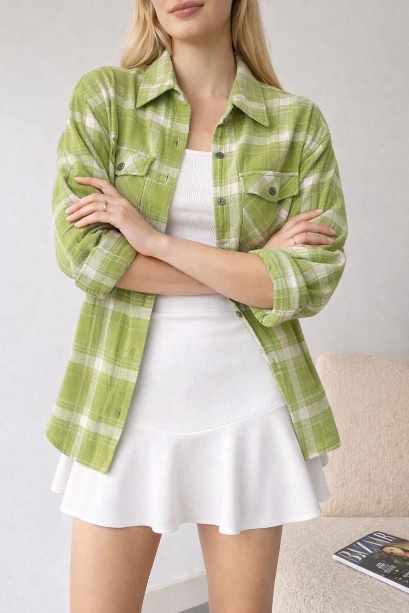 Kadın Desen Bloklu Oduncu Oversize Bol ve Geniş Kalıp Casual Cepli Yakalı Ceket Gömlek