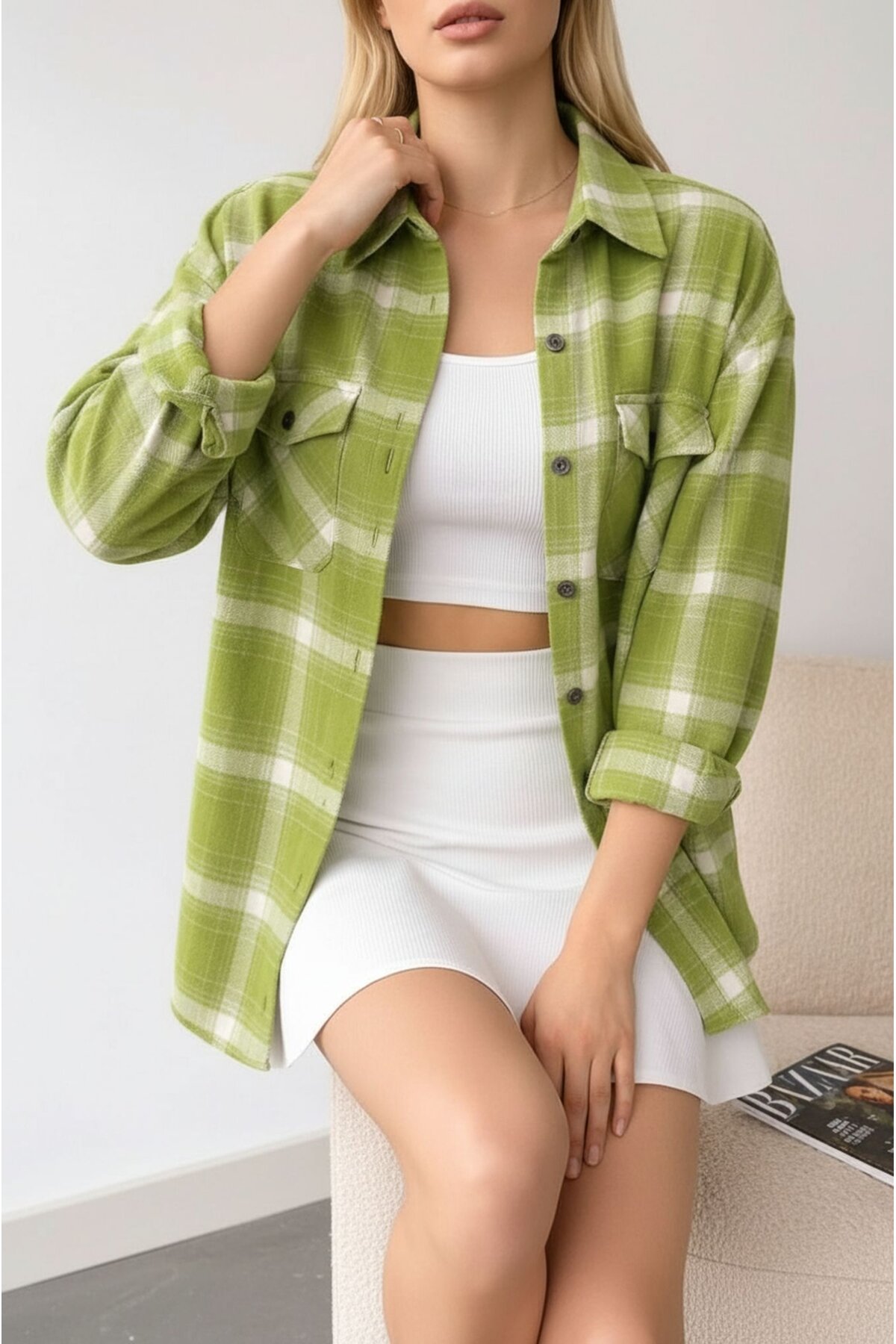 Kadın Desen Bloklu Oduncu Oversize Bol ve Geniş Kalıp Casual Cepli Yakalı Ceket Gömlek