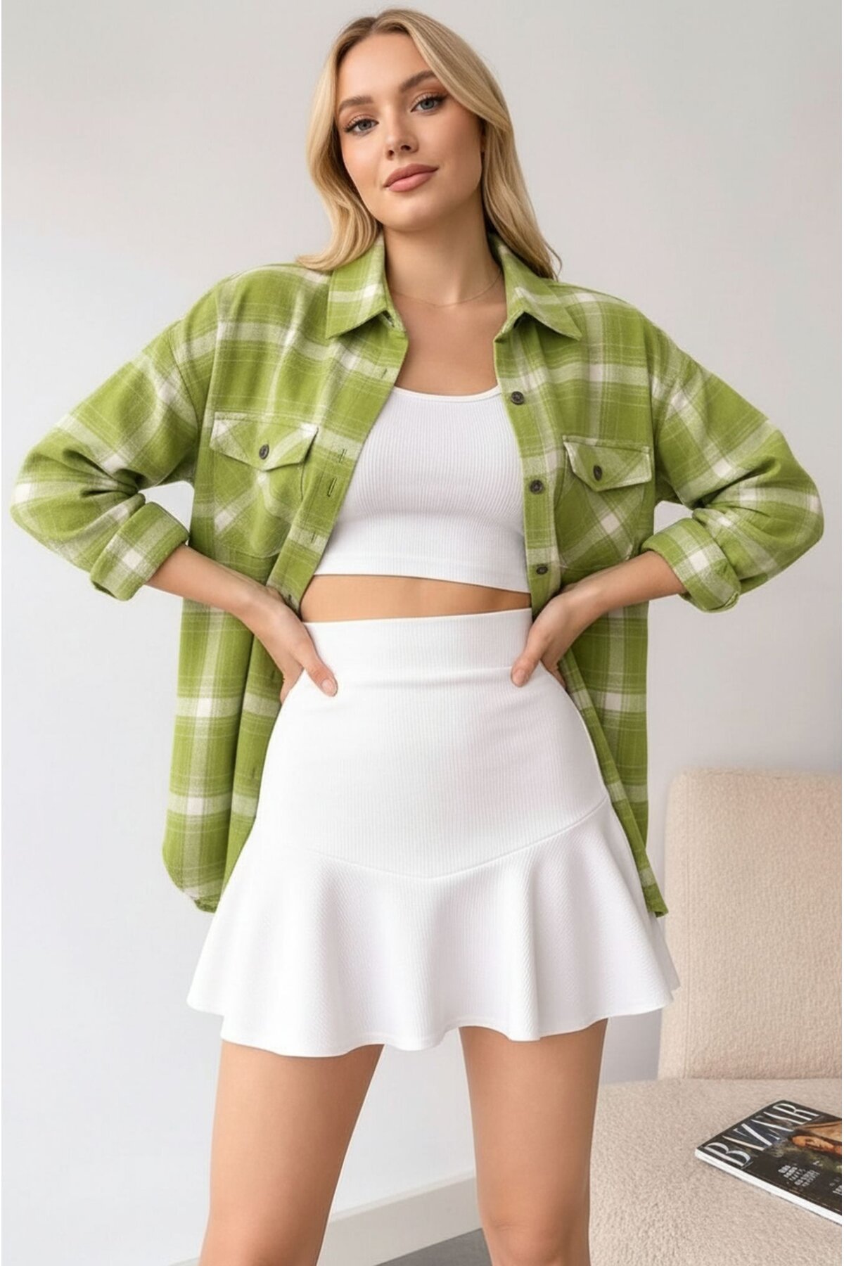 Kadın Desen Bloklu Oduncu Oversize Bol ve Geniş Kalıp Casual Cepli Yakalı Ceket Gömlek