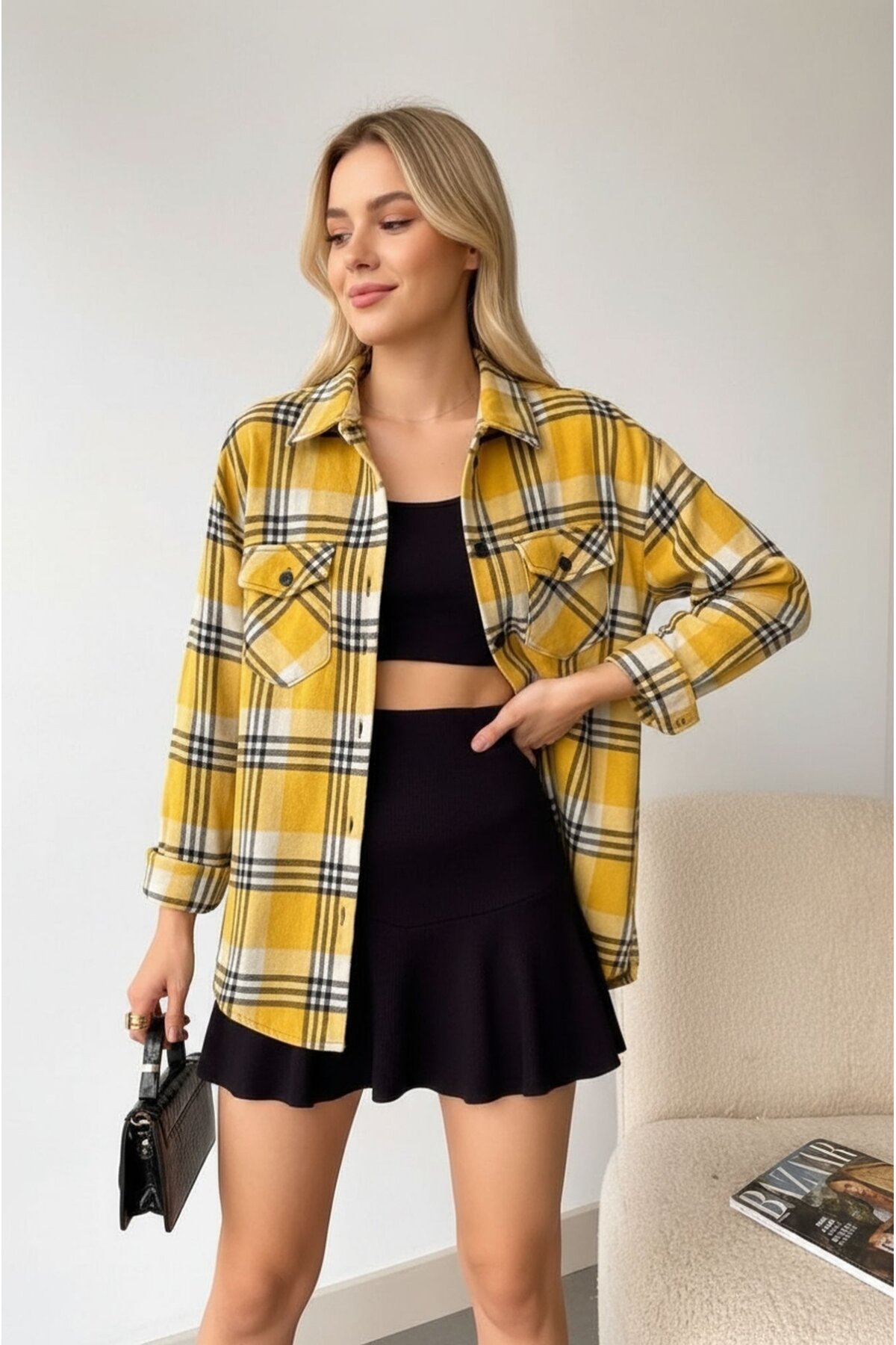 Kadın Desen Bloklu Oduncu Oversize Bol ve Geniş Kalıp Casual Cepli Yakalı Ceket Gömlek