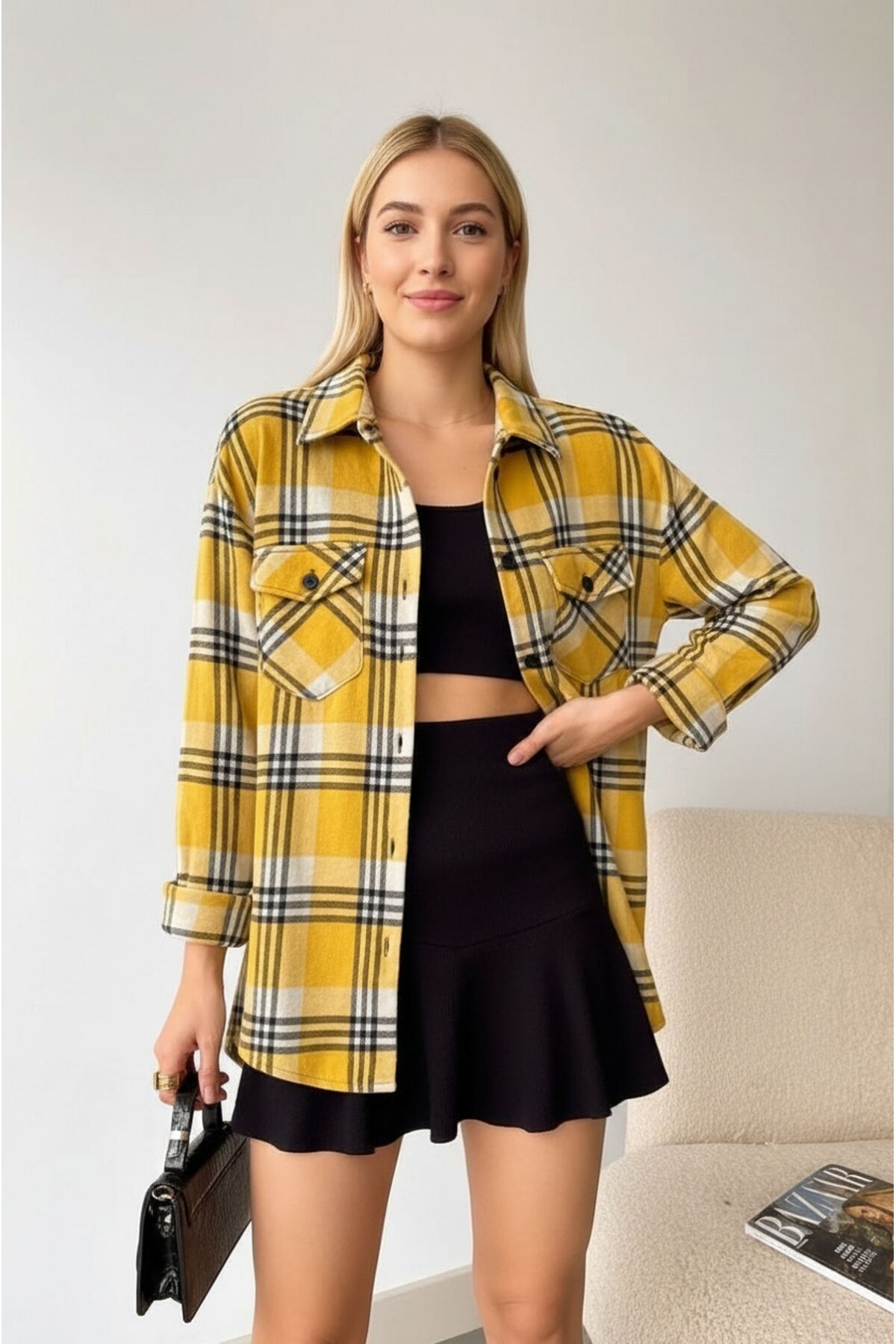 Kadın Desen Bloklu Oduncu Oversize Bol ve Geniş Kalıp Casual Cepli Yakalı Ceket Gömlek