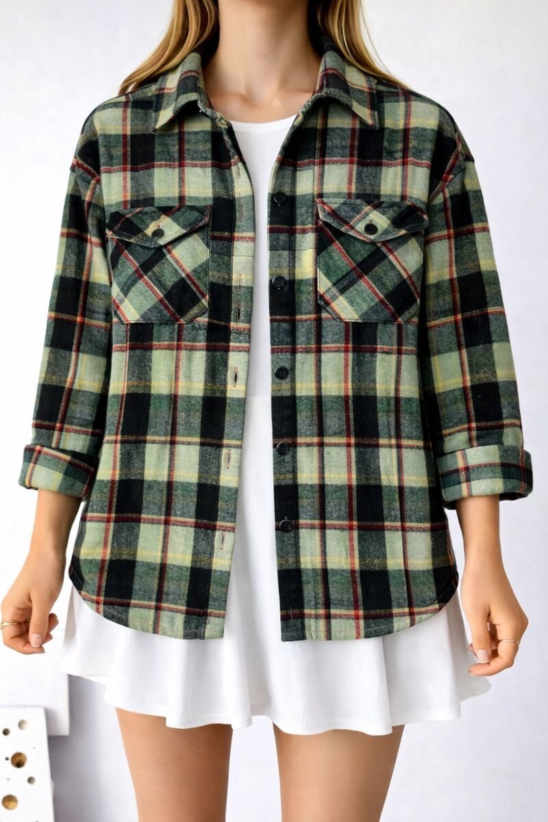 Kadın Desen Bloklu Oduncu Oversize Bol ve Geniş Kalıp Casual Cepli Yakalı Ceket Gömlek