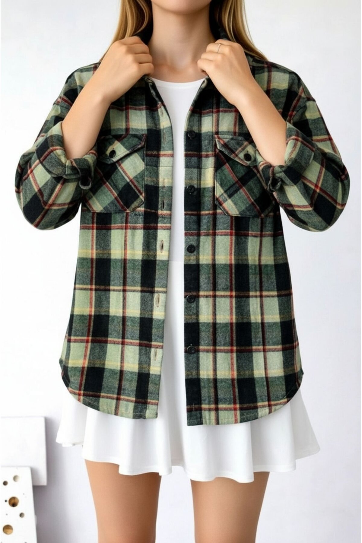 Kadın Desen Bloklu Oduncu Oversize Bol ve Geniş Kalıp Casual Cepli Yakalı Ceket Gömlek