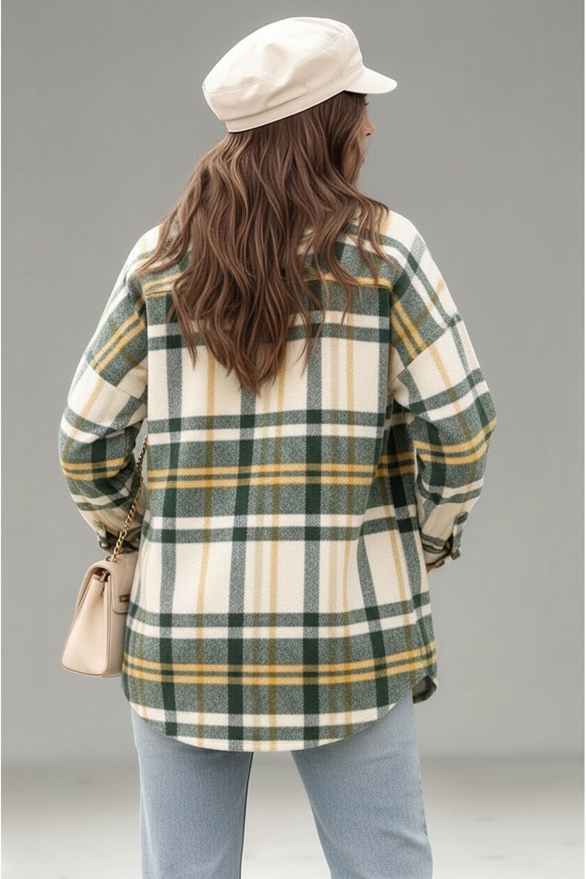 Kadın Desen Bloklu Oduncu Oversize Bol ve Geniş Kalıp Casual Cepli Yakalı Ceket Gömlek