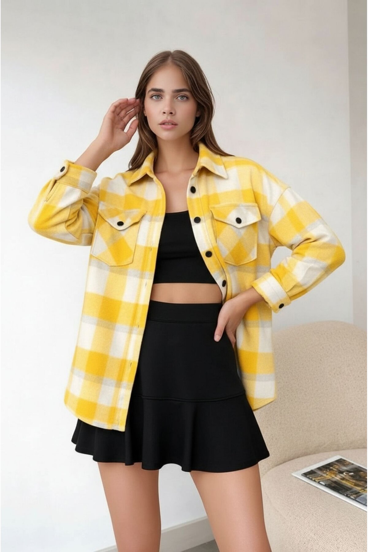 Kadın Desen Bloklu Oduncu Oversize Bol ve Geniş Kalıp Casual Cepli Yakalı Ceket Gömlek