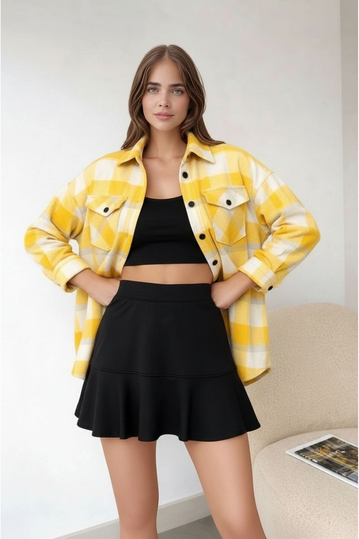 Kadın Desen Bloklu Oduncu Oversize Bol ve Geniş Kalıp Casual Cepli Yakalı Ceket Gömlek