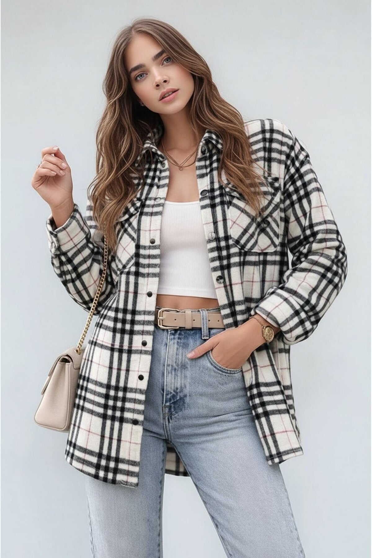 Kadın Desen Bloklu Oduncu Oversize Bol ve Geniş Kalıp Casual Cepli Yakalı Ceket Gömlek