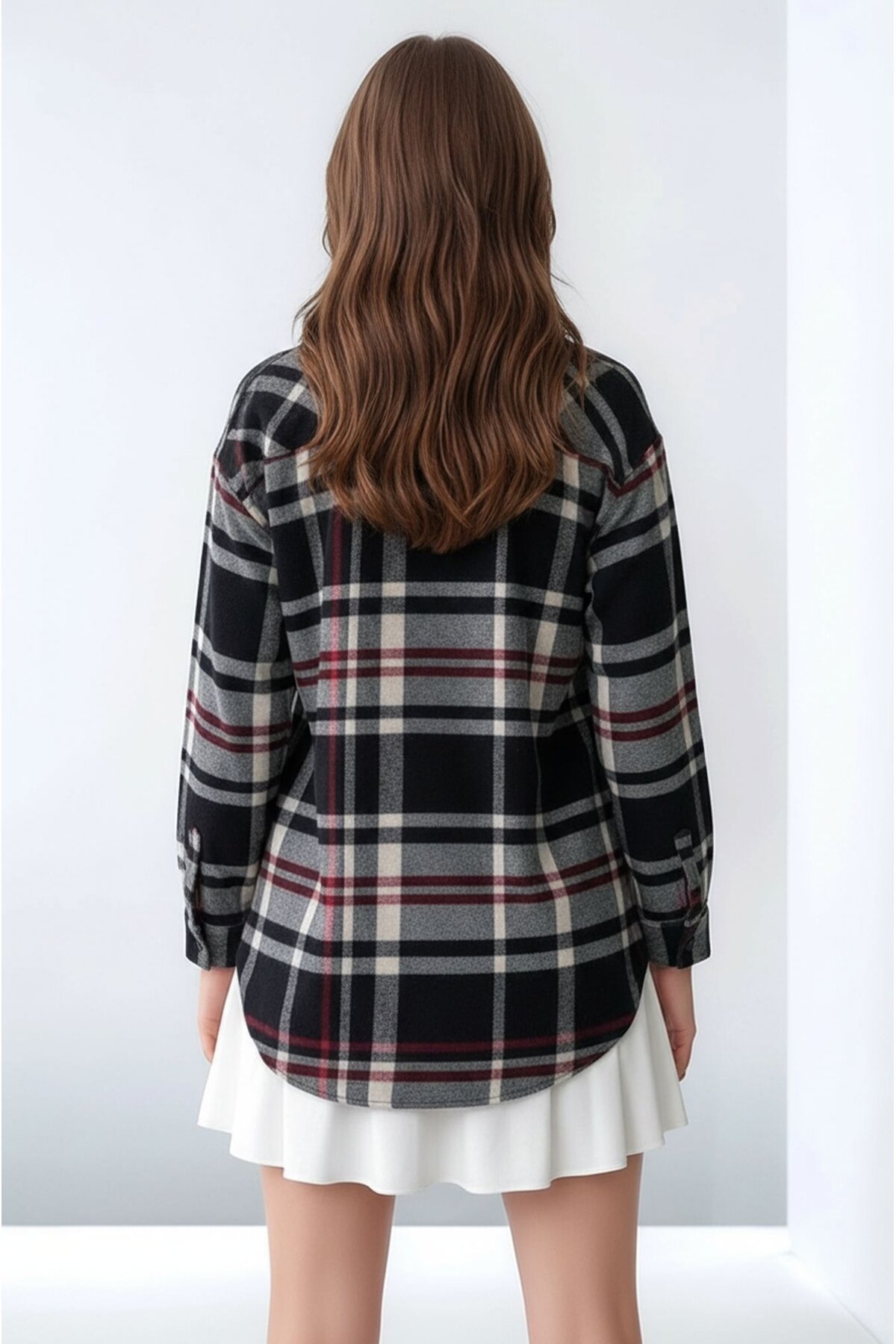 Kadın Desen Bloklu Oduncu Oversize Bol ve Geniş Kalıp Casual Cepli Yakalı Ceket Gömlek