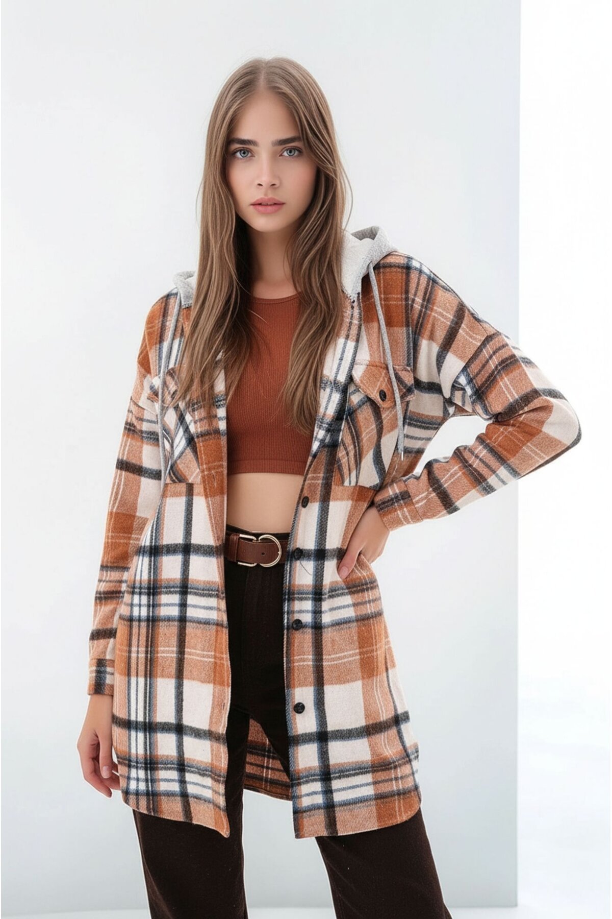 Kadın Desen Bloklu Oduncu Oversize Geniş Kalıp Casual Cepli Kapüşonlu Uzun Boy Ceket Gömlek