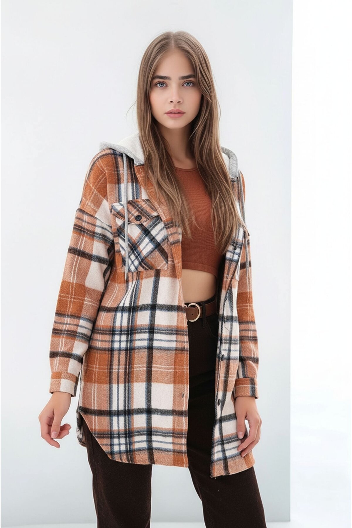 Kadın Desen Bloklu Oduncu Oversize Geniş Kalıp Casual Cepli Kapüşonlu Uzun Boy Ceket Gömlek