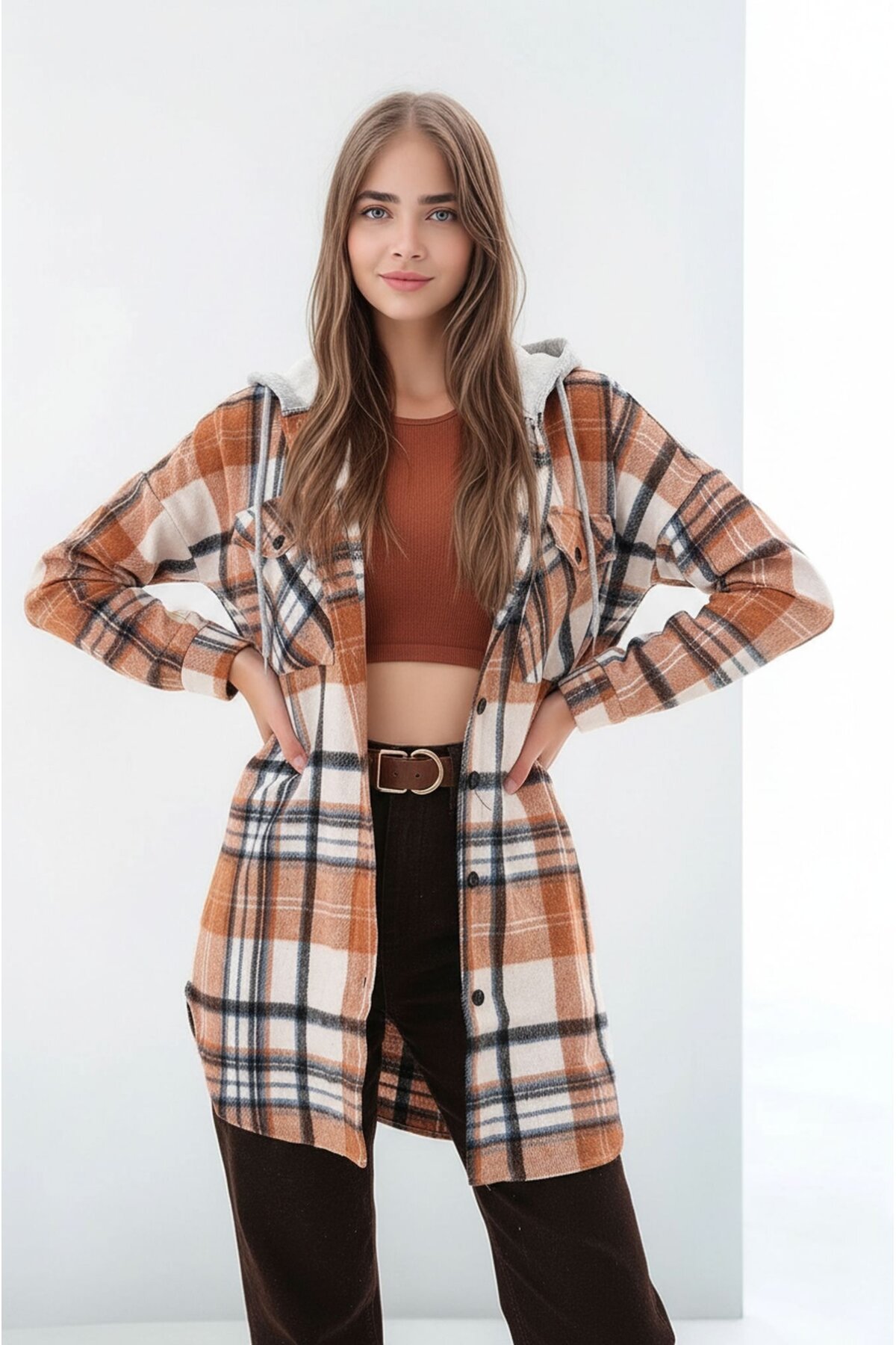 Kadın Desen Bloklu Oduncu Oversize Geniş Kalıp Casual Cepli Kapüşonlu Uzun Boy Ceket Gömlek