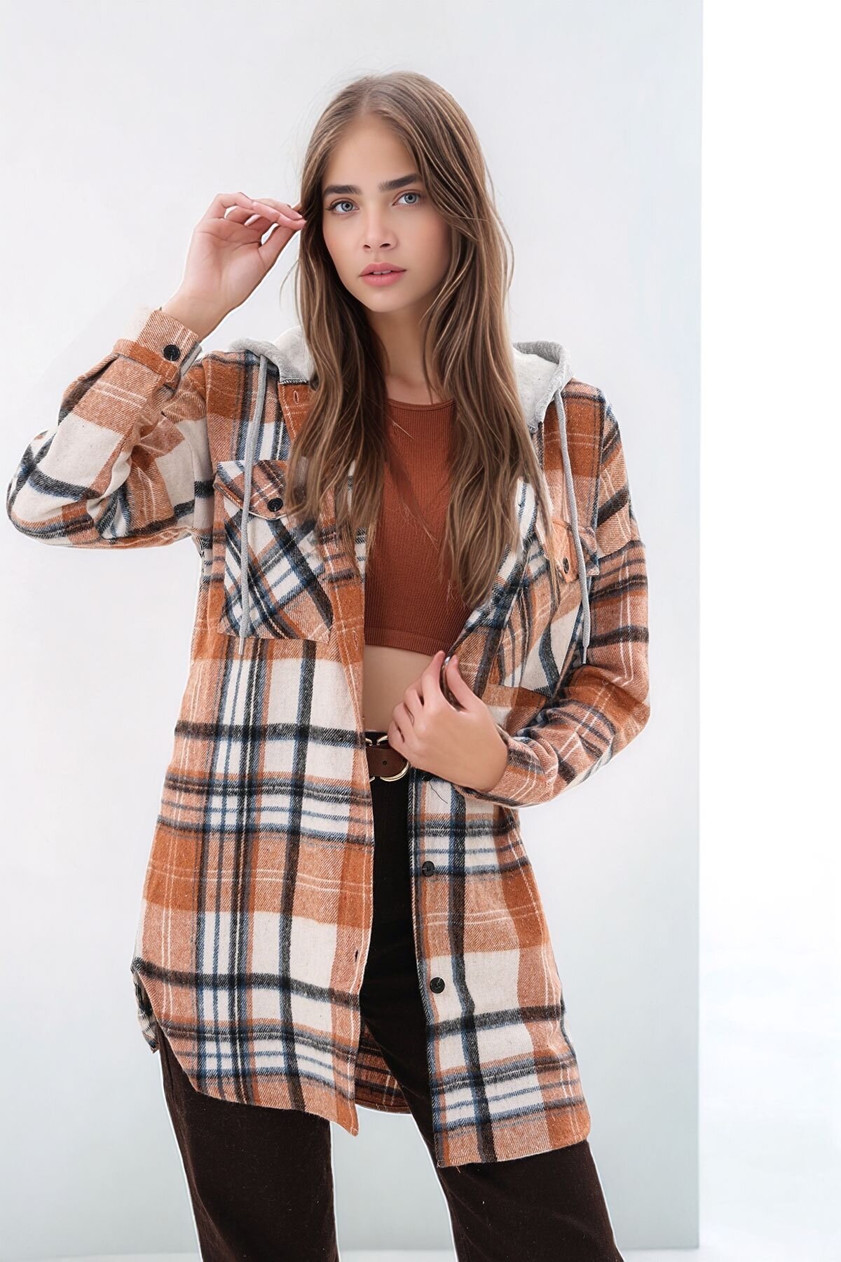 Kadın Desen Bloklu Oduncu Oversize Geniş Kalıp Casual Cepli Kapüşonlu Uzun Boy Ceket Gömlek