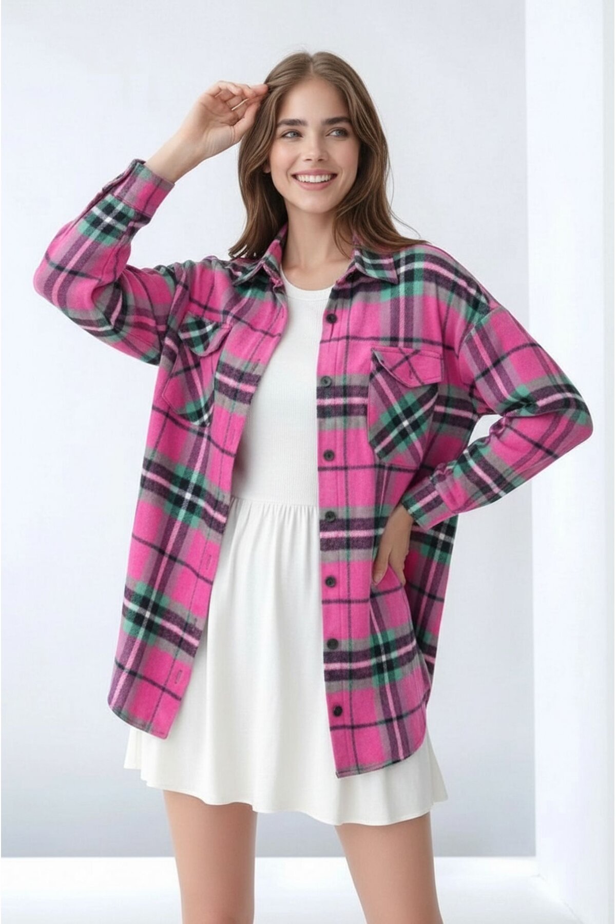 Kadın Desen Bloklu Oduncu Oversize Bol ve Geniş Kalıp Casual Cepli Yakalı Ceket Gömlek