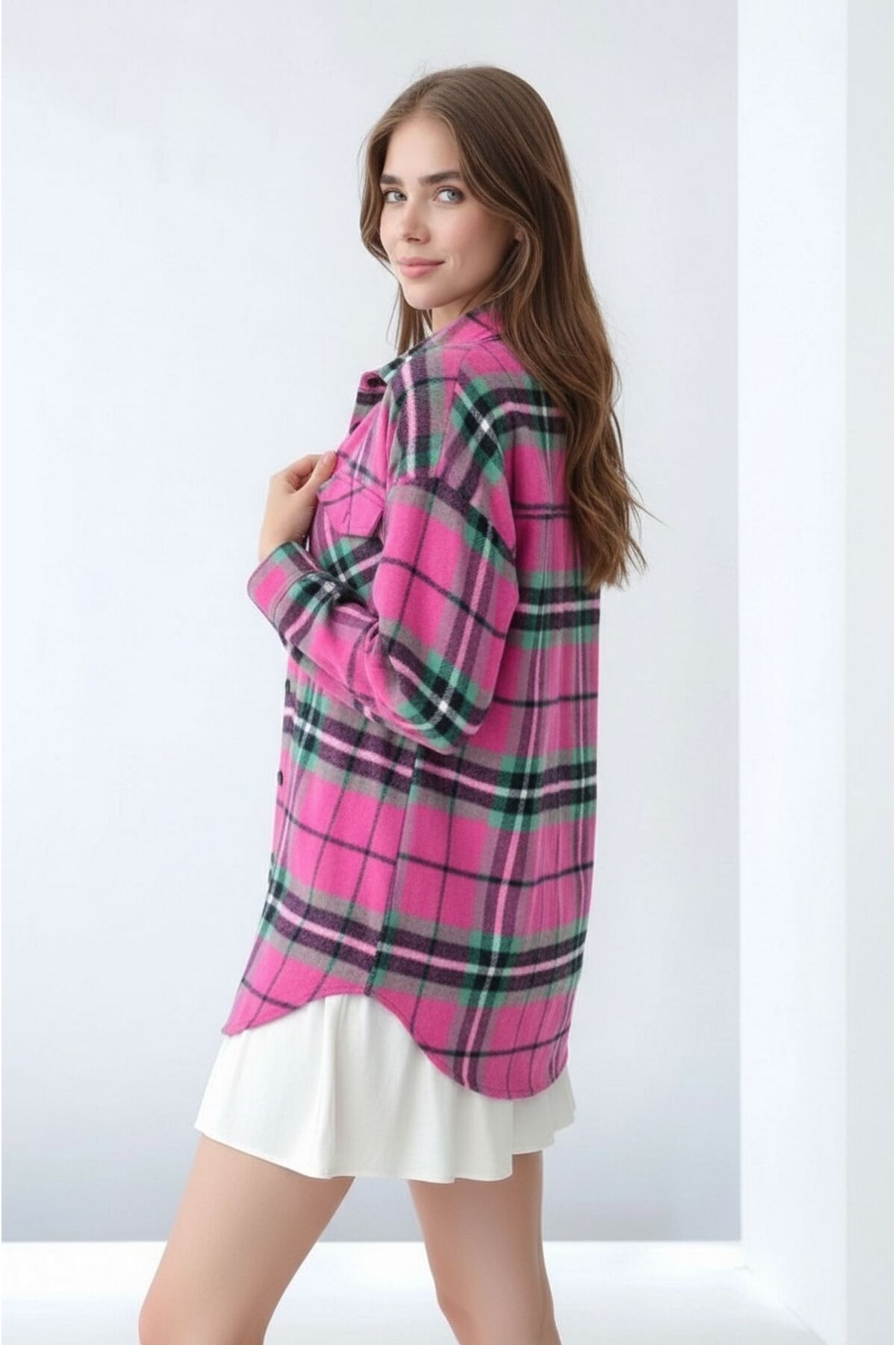 Kadın Desen Bloklu Oduncu Oversize Bol ve Geniş Kalıp Casual Cepli Yakalı Ceket Gömlek