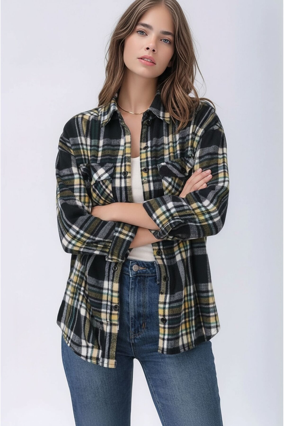 Kadın Desen Bloklu Oduncu Oversize Bol ve Geniş Kalıp Casual Cepli Yakalı Ceket Gömlek