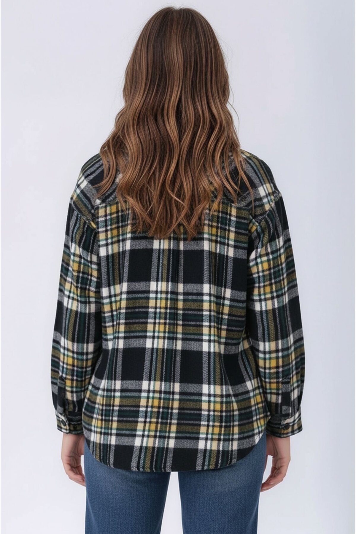 Kadın Desen Bloklu Oduncu Oversize Bol ve Geniş Kalıp Casual Cepli Yakalı Ceket Gömlek