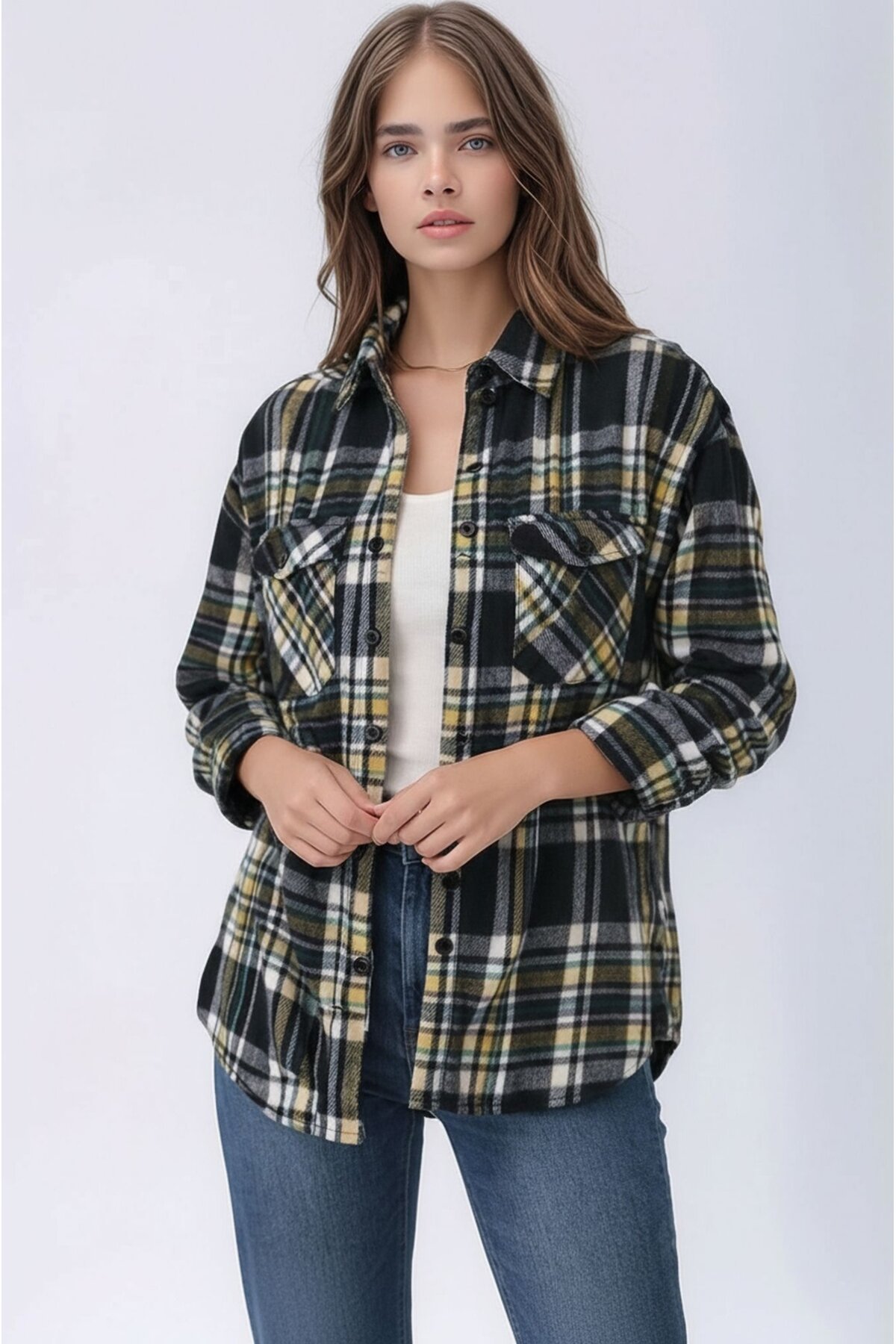 Kadın Desen Bloklu Oduncu Oversize Bol ve Geniş Kalıp Casual Cepli Yakalı Ceket Gömlek