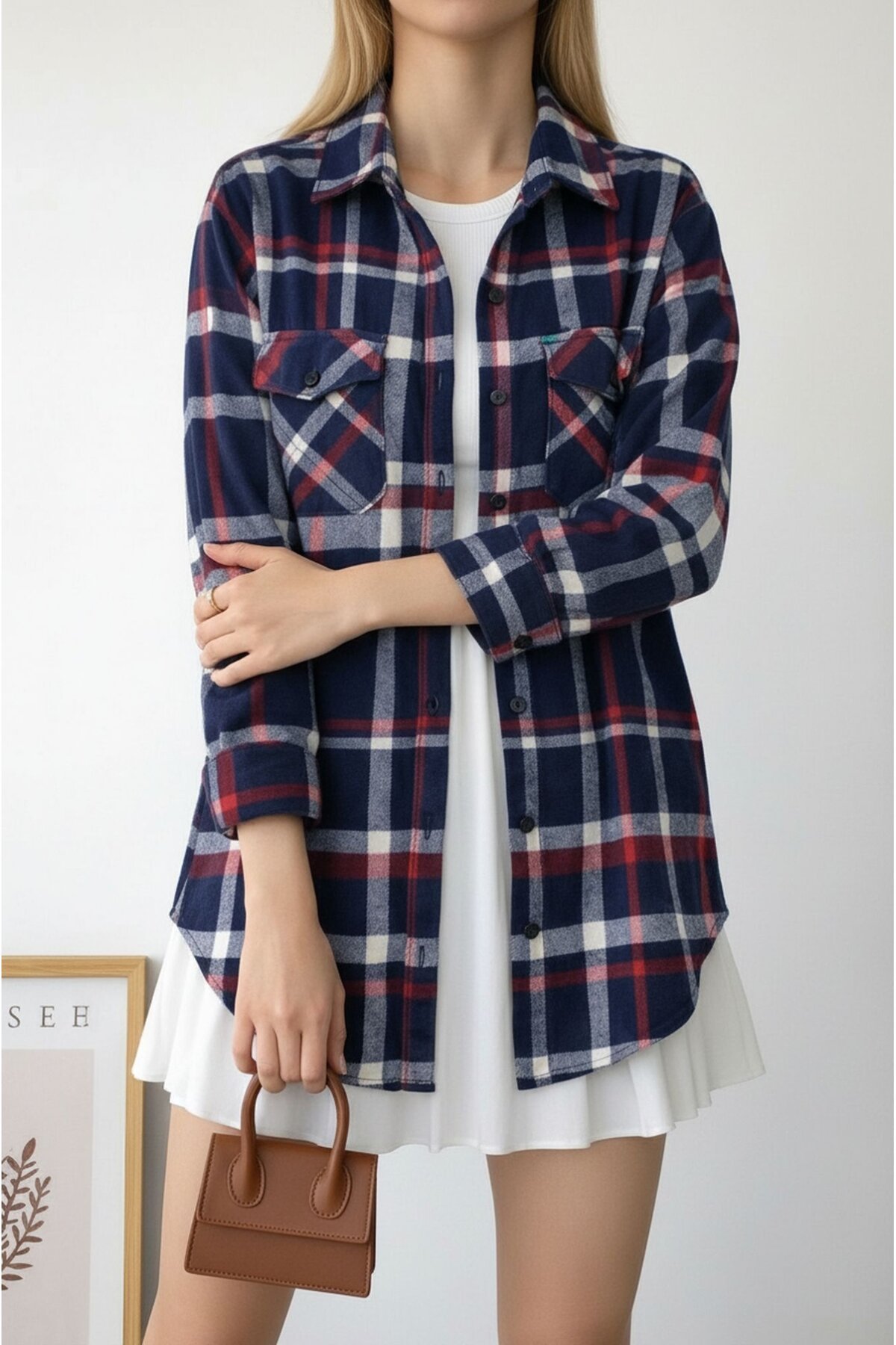 Kadın Desen Bloklu Oduncu Oversize Bol ve Geniş Kalıp Casual Cepli Yakalı Ceket Gömlek