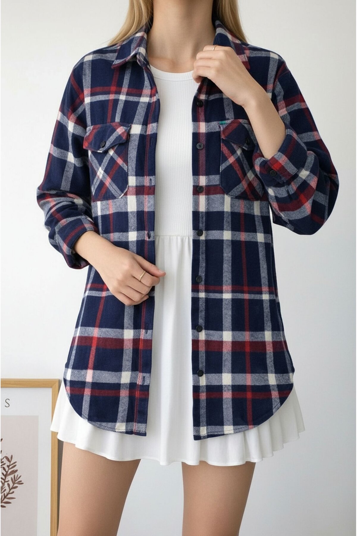 Kadın Desen Bloklu Oduncu Oversize Bol ve Geniş Kalıp Casual Cepli Yakalı Ceket Gömlek