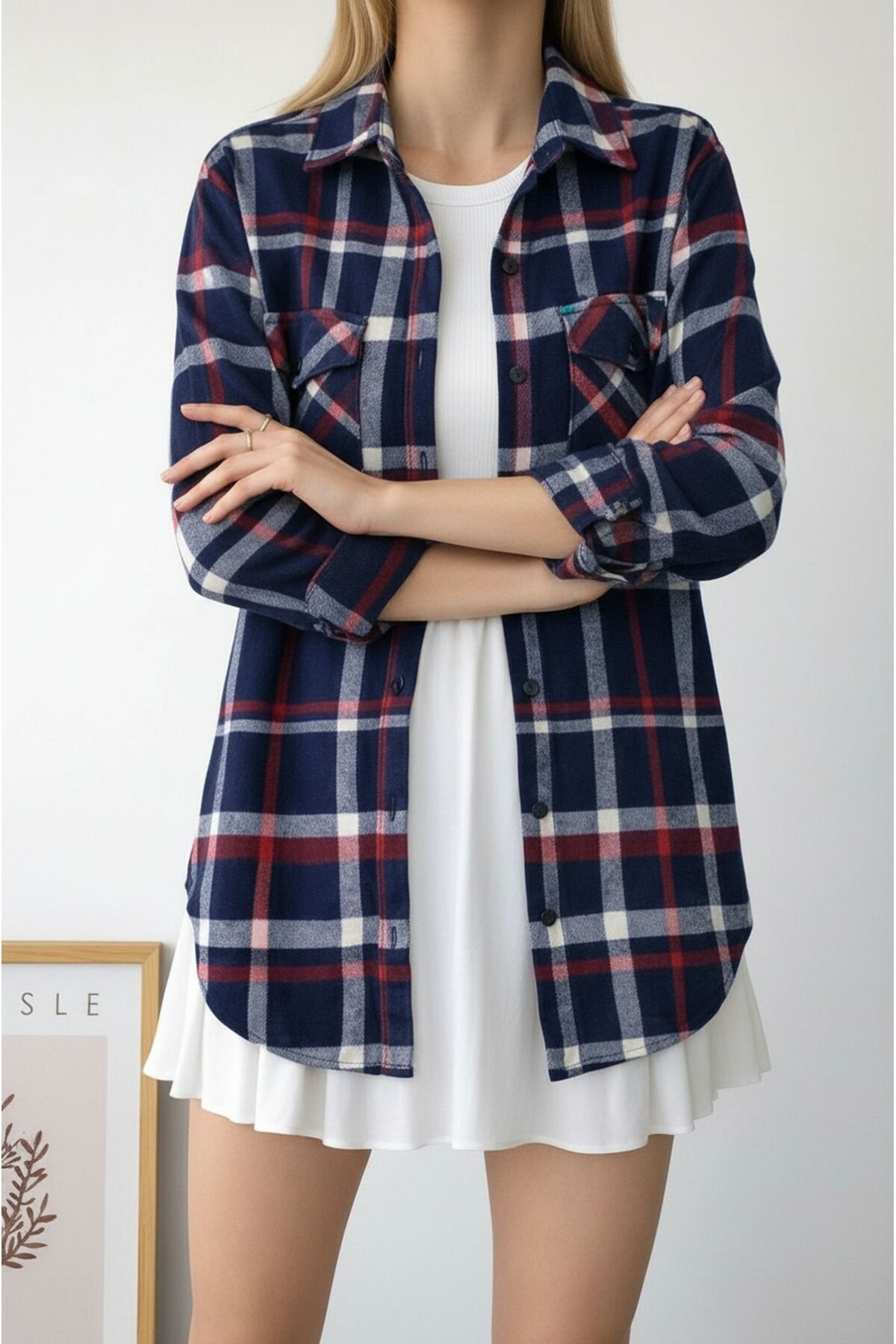 Kadın Desen Bloklu Oduncu Oversize Bol ve Geniş Kalıp Casual Cepli Yakalı Ceket Gömlek