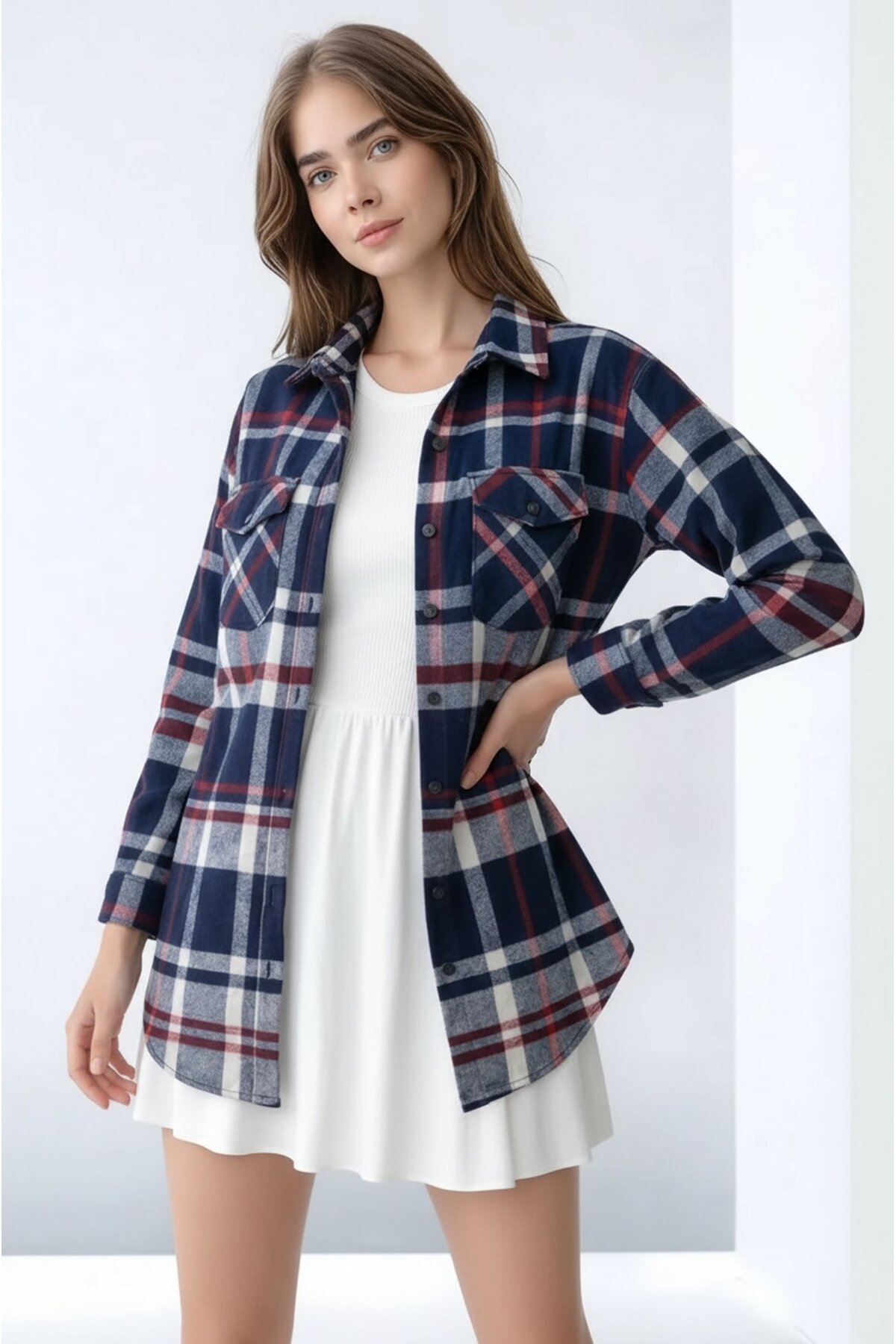 Kadın Desen Bloklu Oduncu Oversize Bol ve Geniş Kalıp Casual Cepli Yakalı Ceket Gömlek