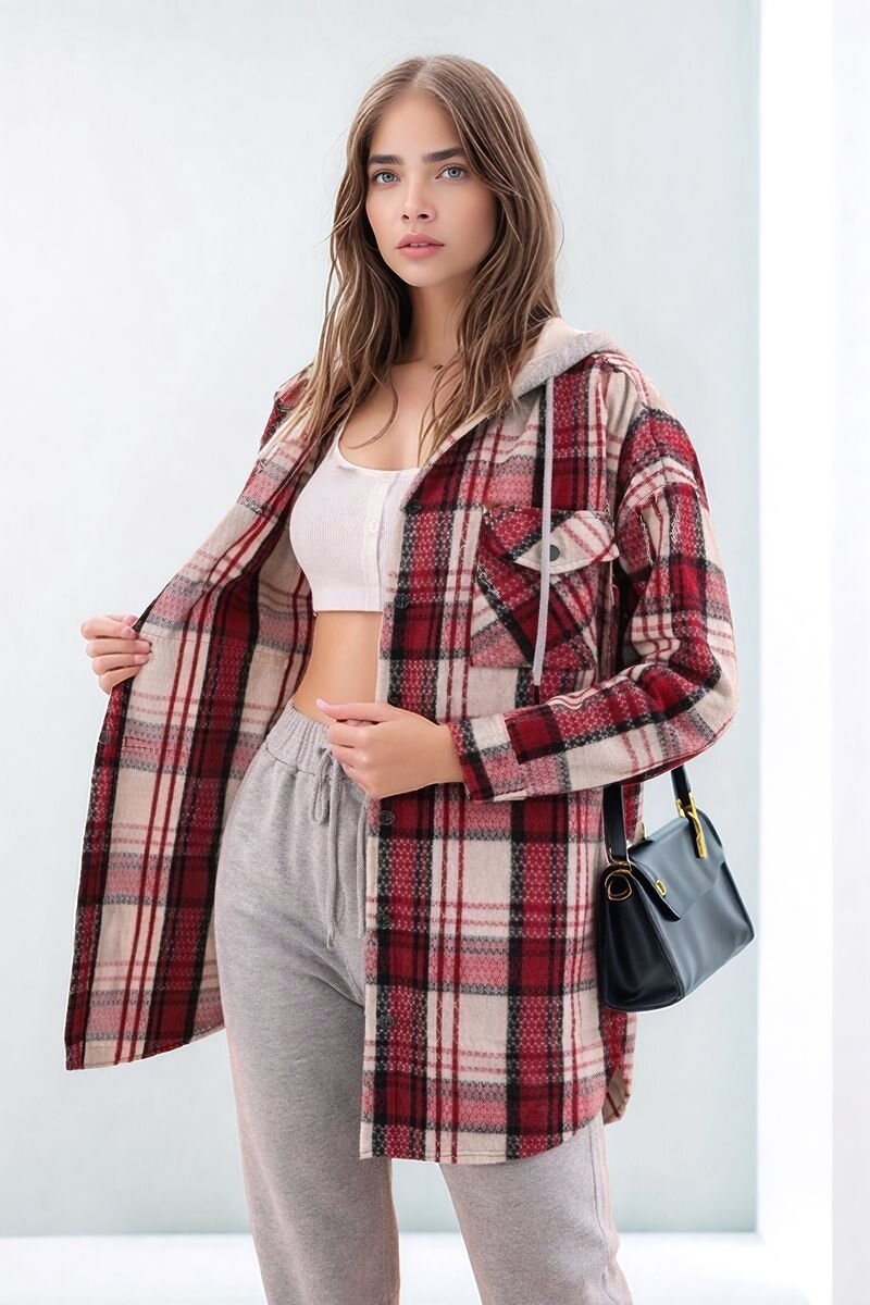 Kadın Desen Bloklu Oduncu Oversize Geniş Kalıp Casual Cepli Kapüşonlu Uzun Boy Ceket Gömlek