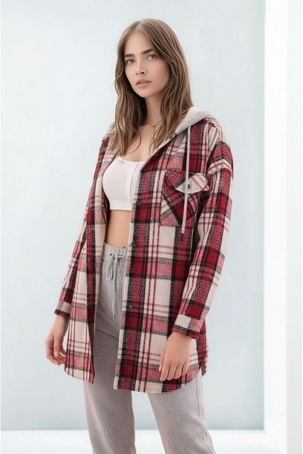 Kadın Desen Bloklu Oduncu Oversize Geniş Kalıp Casual Cepli Kapüşonlu Uzun Boy Ceket Gömlek