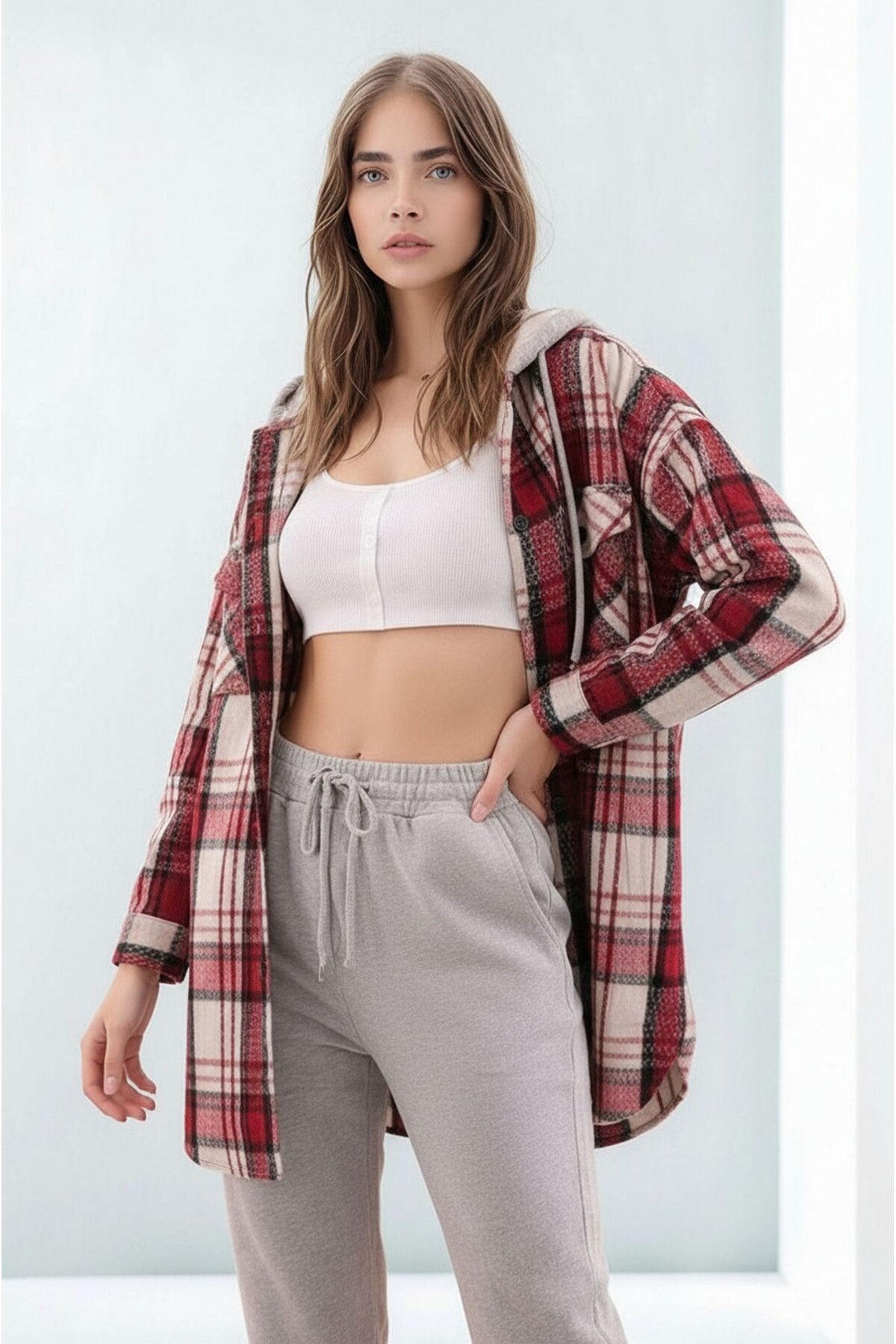 Kadın Desen Bloklu Oduncu Oversize Geniş Kalıp Casual Cepli Kapüşonlu Uzun Boy Ceket Gömlek