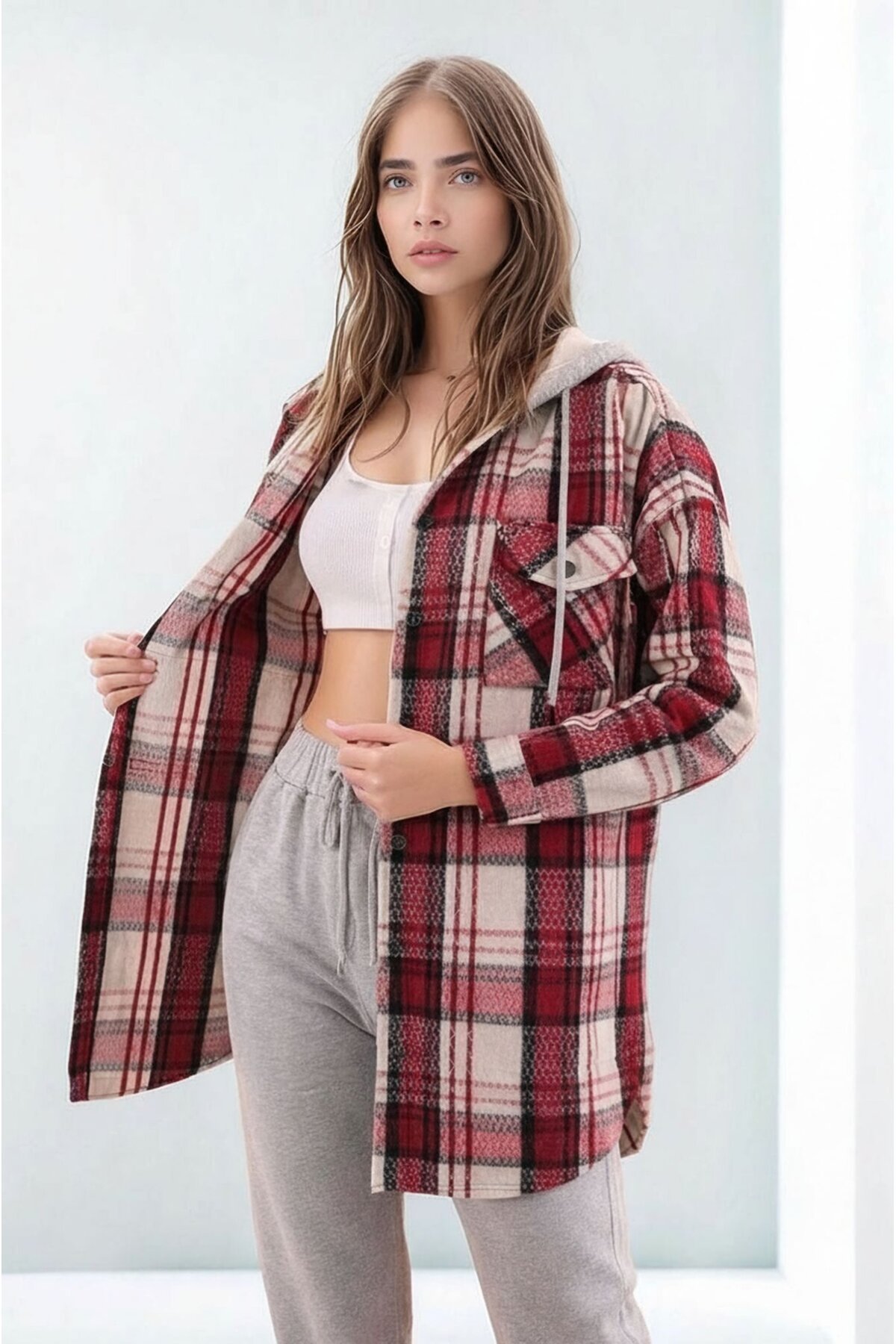 Kadın Desen Bloklu Oduncu Oversize Geniş Kalıp Casual Cepli Kapüşonlu Uzun Boy Ceket Gömlek