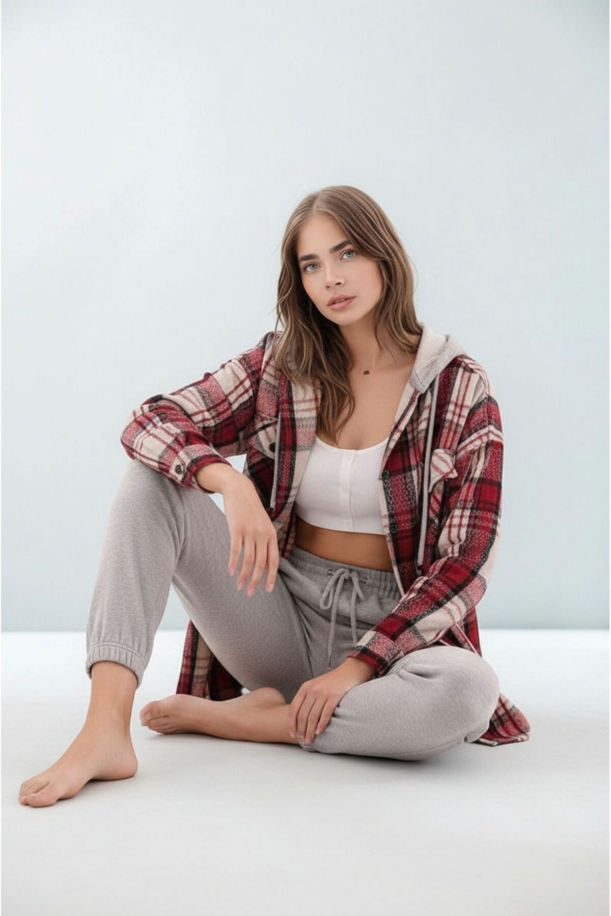 Kadın Desen Bloklu Oduncu Oversize Geniş Kalıp Casual Cepli Kapüşonlu Uzun Boy Ceket Gömlek