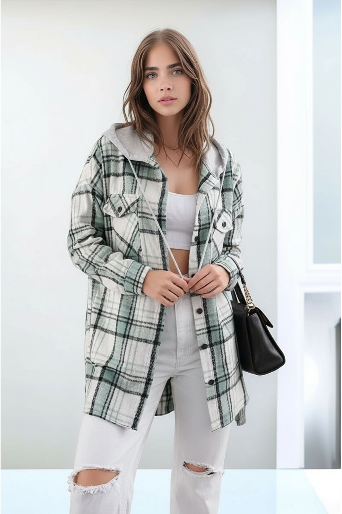 Kadın Desen Bloklu Oduncu Oversize Geniş Kalıp Casual Cepli Kapüşonlu Uzun Boy Ceket Gömlek