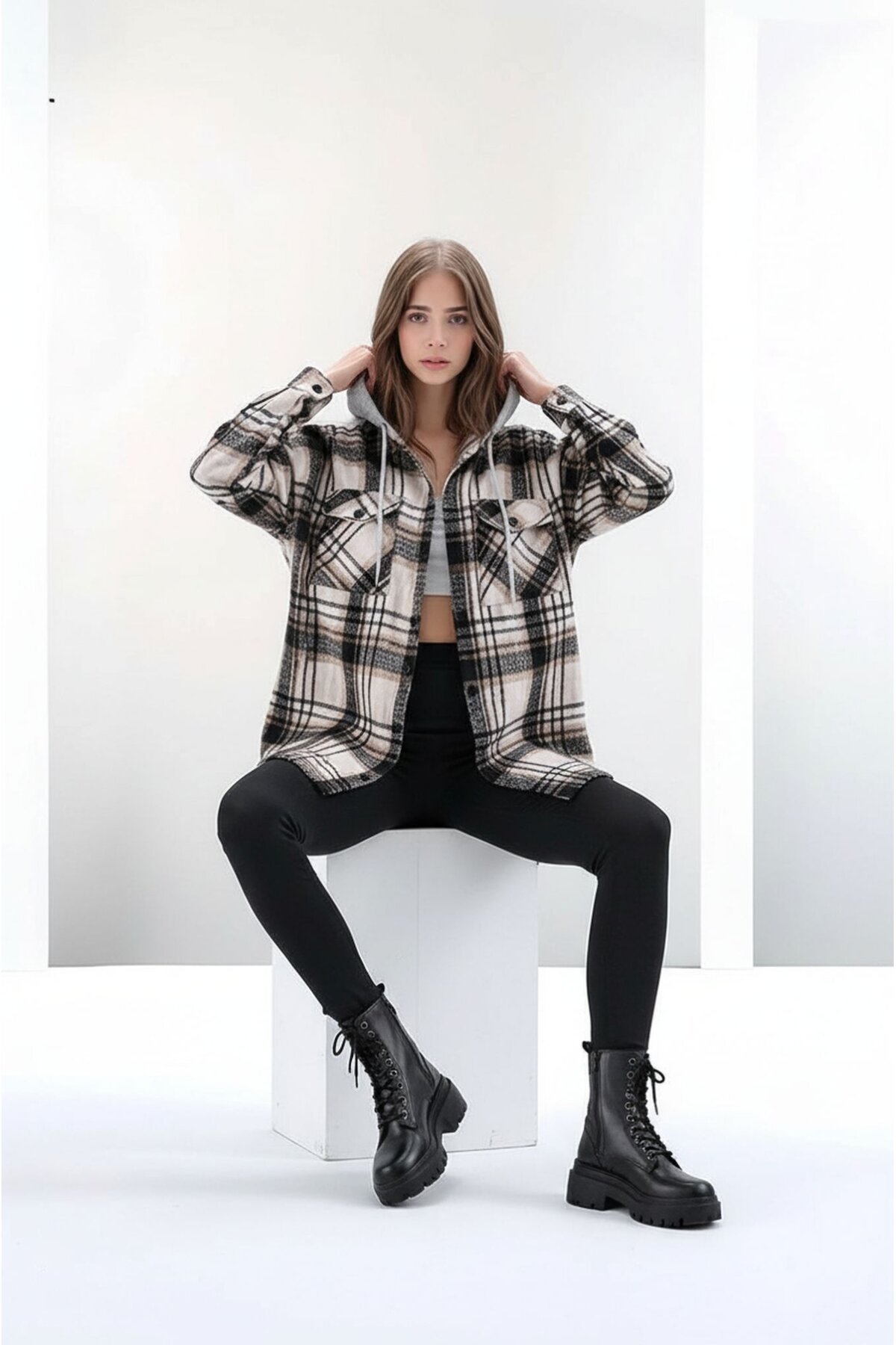 Kadın Desen Bloklu Oduncu Oversize Geniş Kalıp Casual Cepli Kapüşonlu Uzun Boy Ceket Gömlek