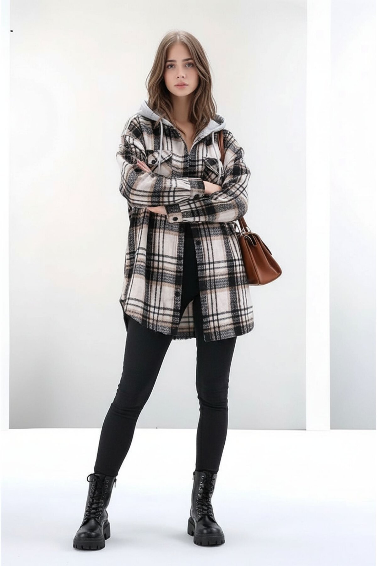 Kadın Desen Bloklu Oduncu Oversize Geniş Kalıp Casual Cepli Kapüşonlu Uzun Boy Ceket Gömlek