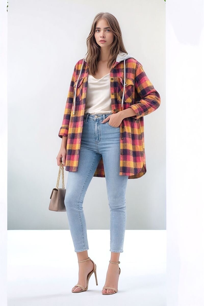 Kadın Desen Bloklu Oduncu Oversize Geniş Kalıp Casual Cepli Kapüşonlu Uzun Boy Ceket Gömlek