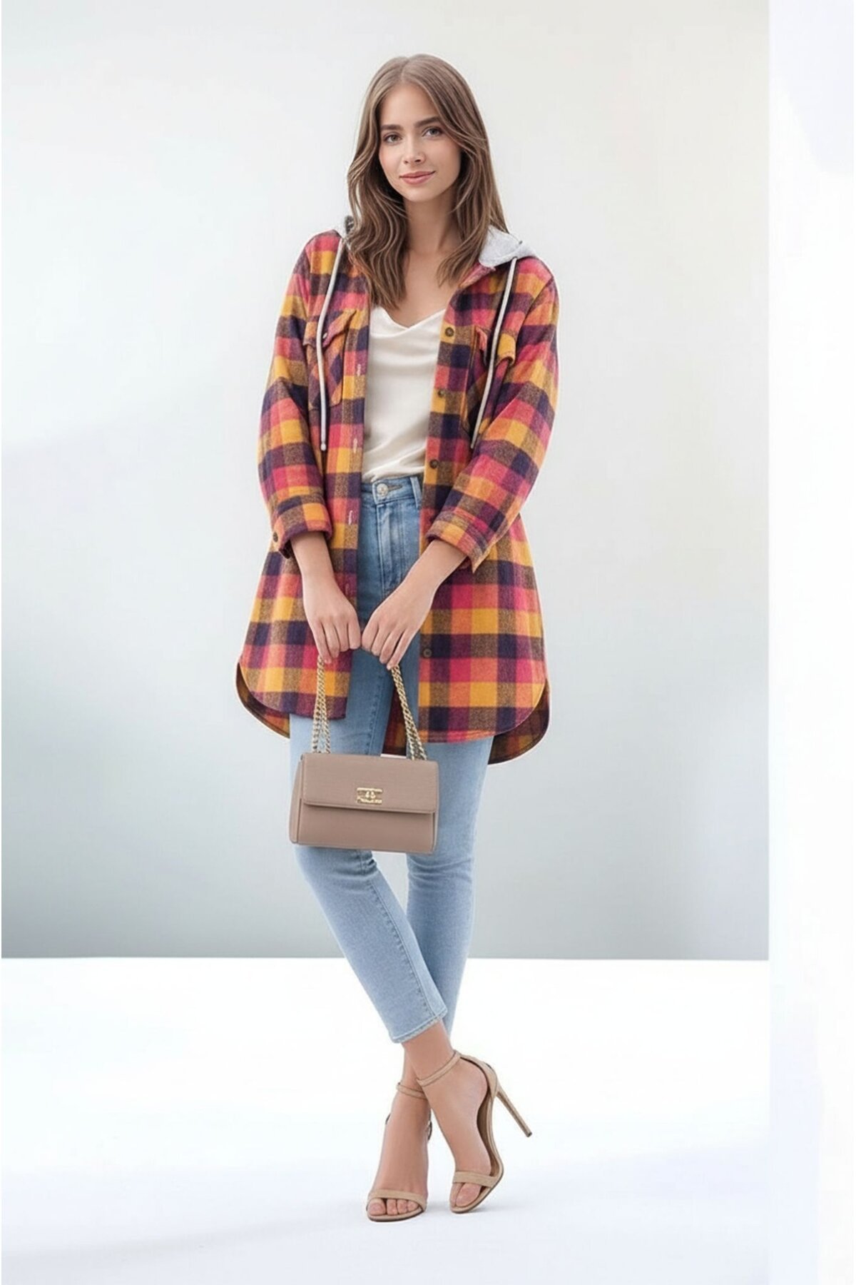 Kadın Desen Bloklu Oduncu Oversize Geniş Kalıp Casual Cepli Kapüşonlu Uzun Boy Ceket Gömlek