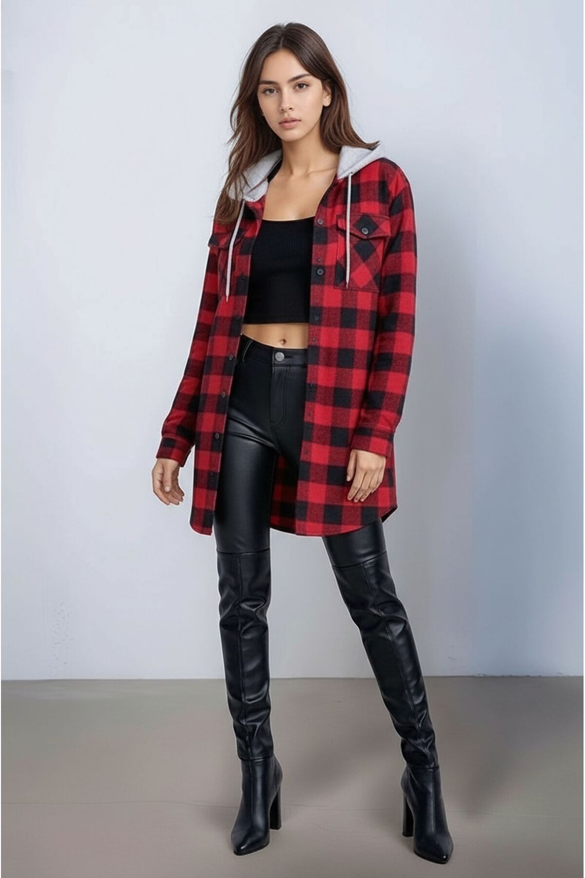 Kadın Desen Bloklu Oduncu Oversize Geniş Kalıp Casual Cepli Kapüşonlu Uzun Boy Ceket Gömlek