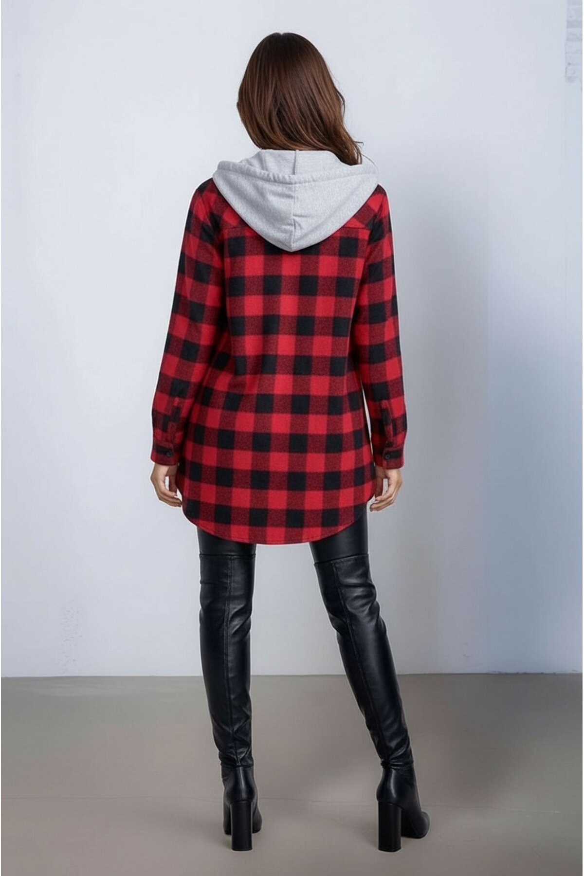 Kadın Desen Bloklu Oduncu Oversize Geniş Kalıp Casual Cepli Kapüşonlu Uzun Boy Ceket Gömlek