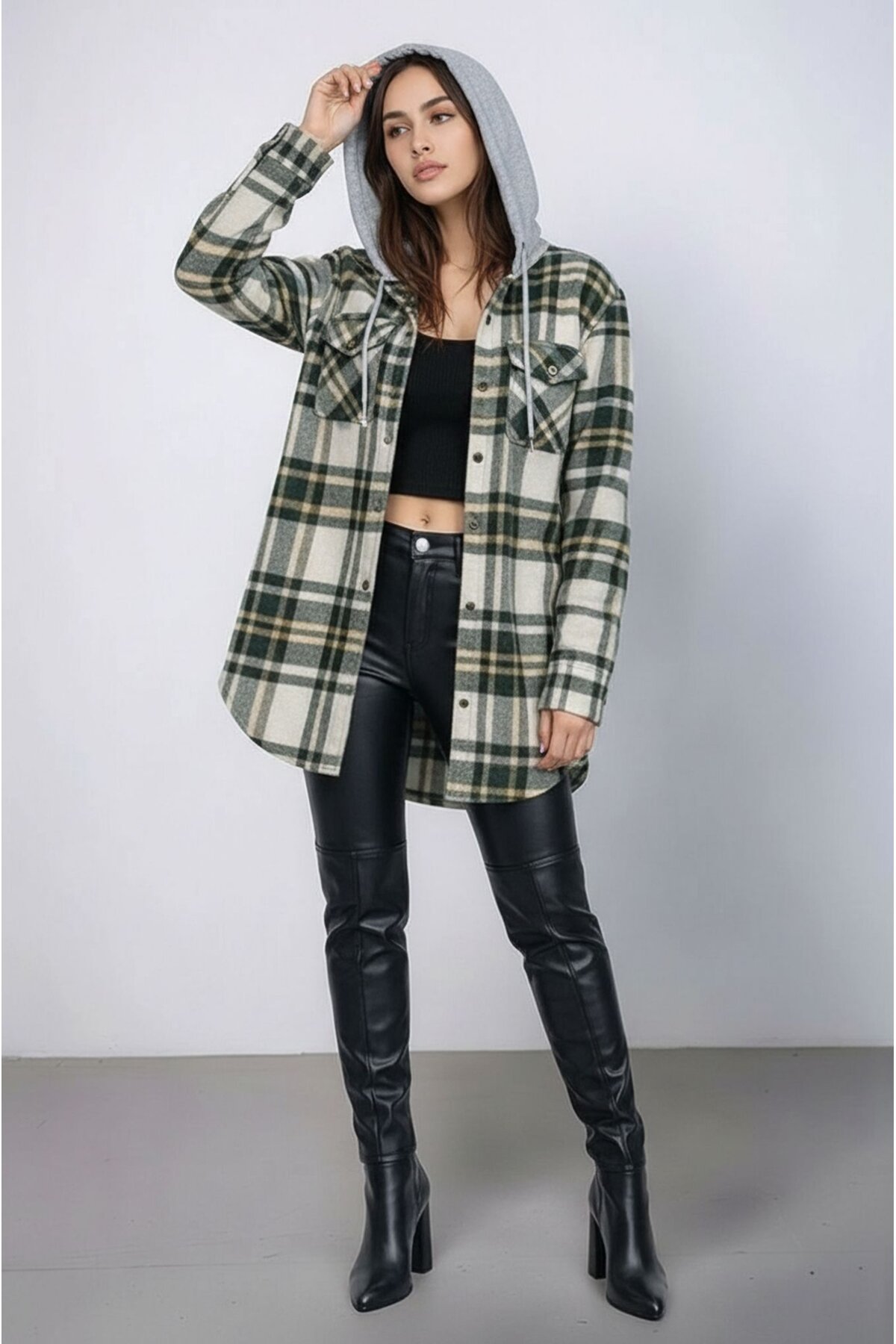 Kadın Desen Bloklu Oduncu Oversize Geniş Kalıp Casual Cepli Kapüşonlu Uzun Boy Ceket Gömlek